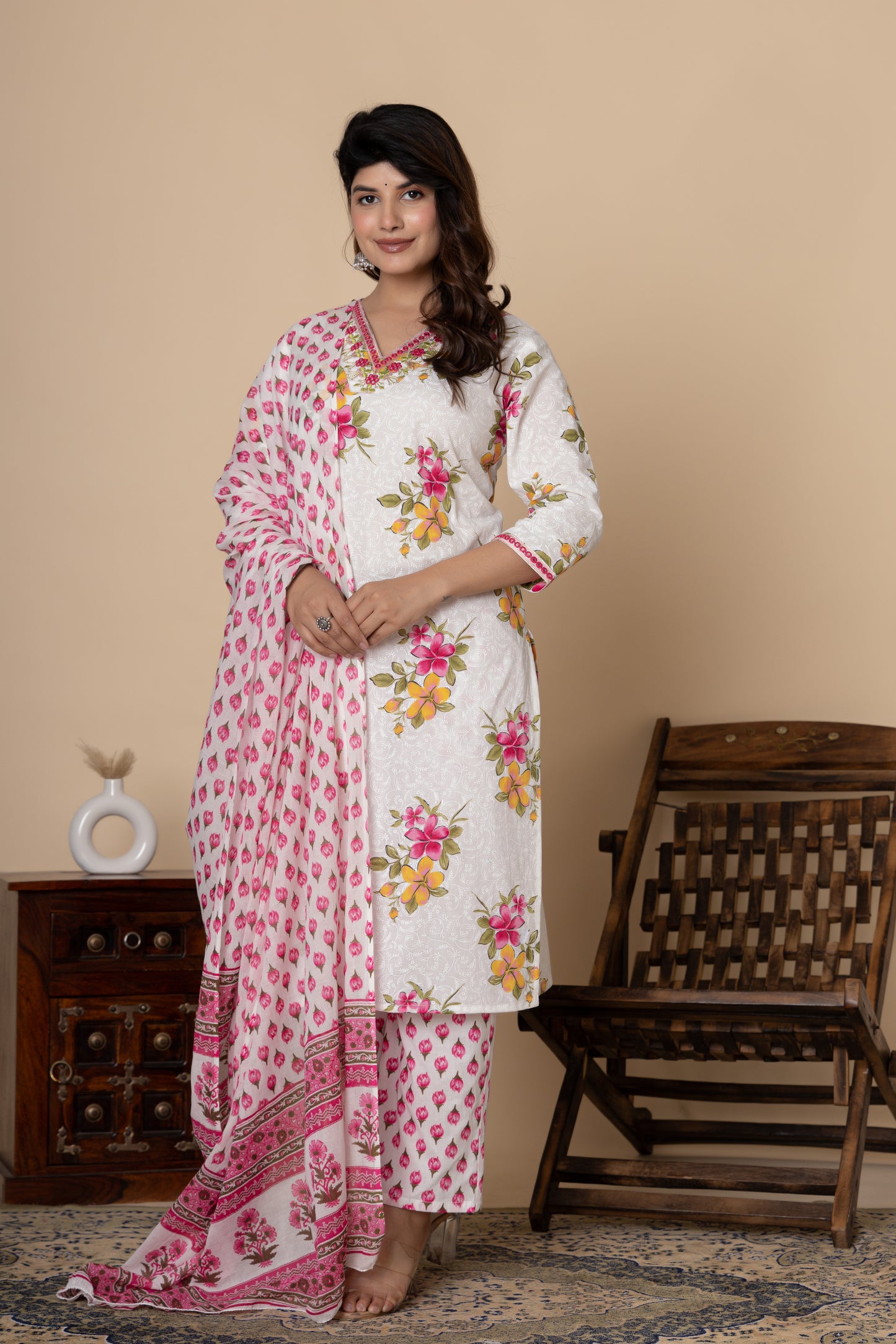 White & Pink floral print cotton kurti suit set