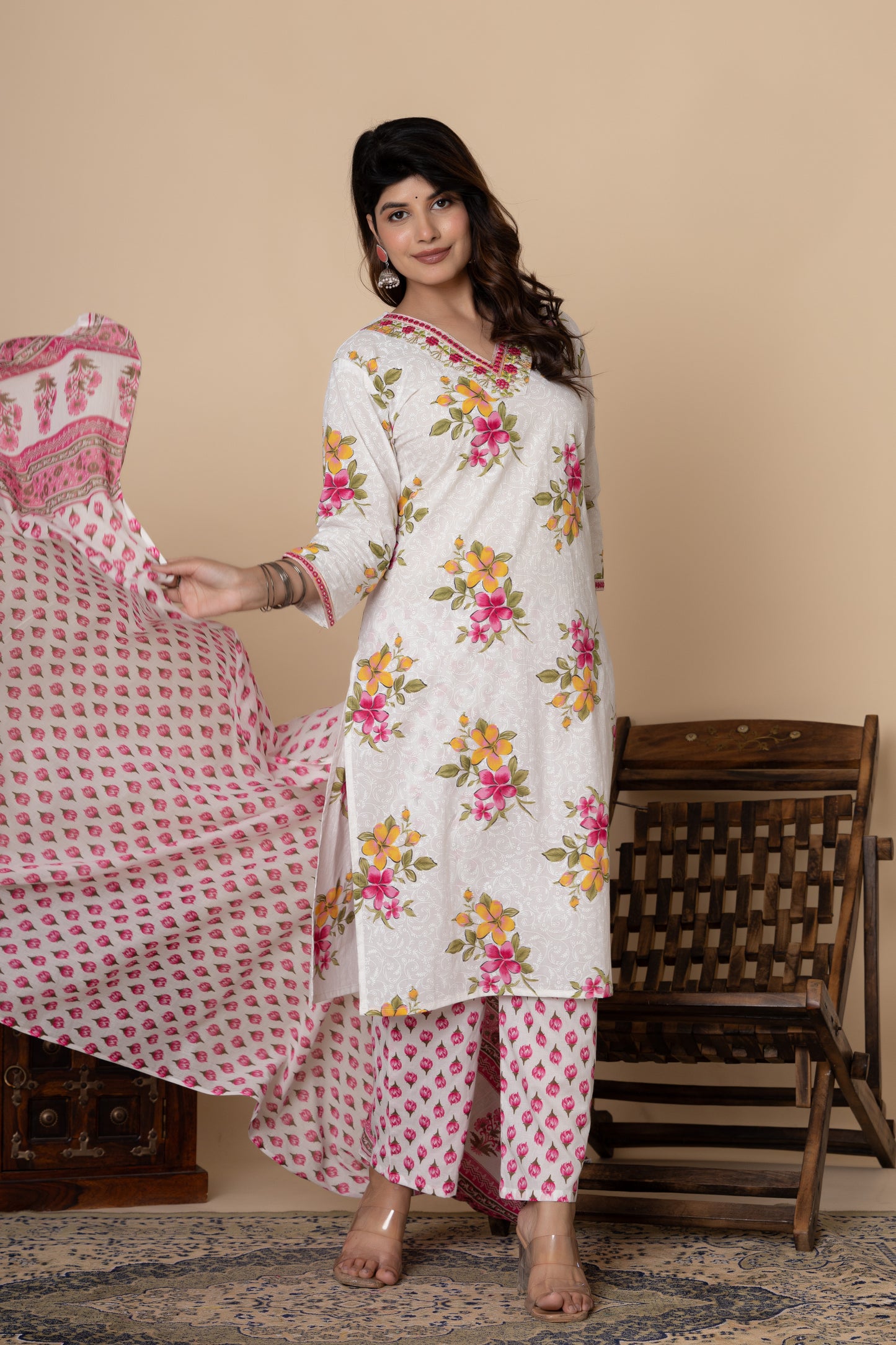 White & Pink floral print cotton kurti suit set