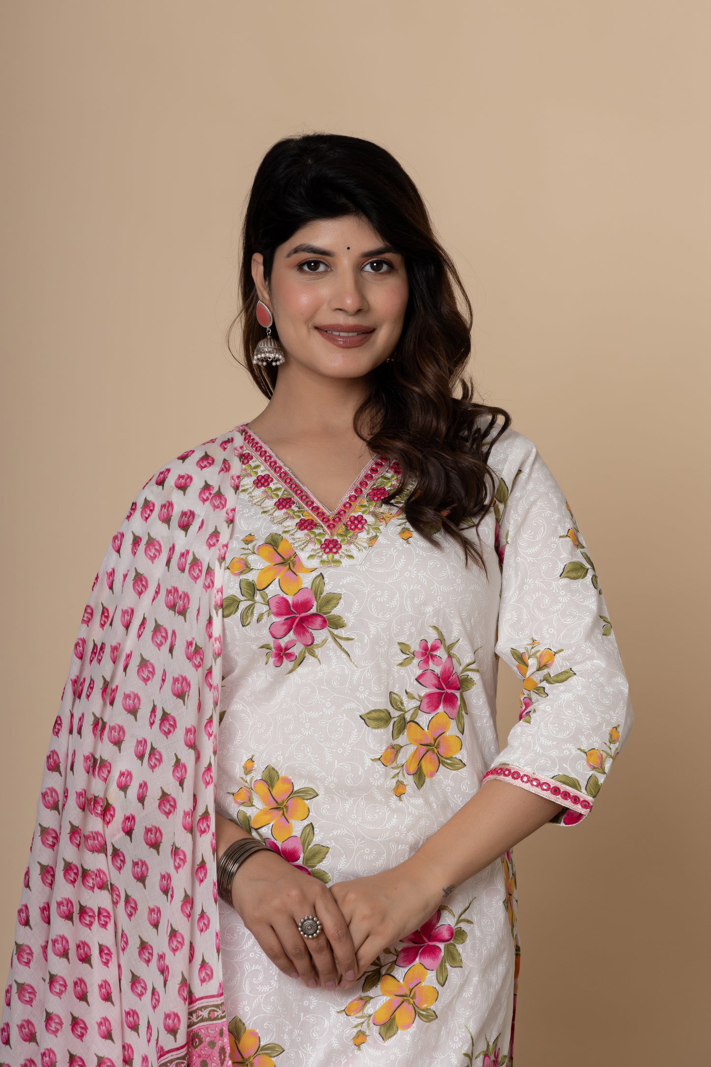 White & Pink floral print cotton kurti suit set