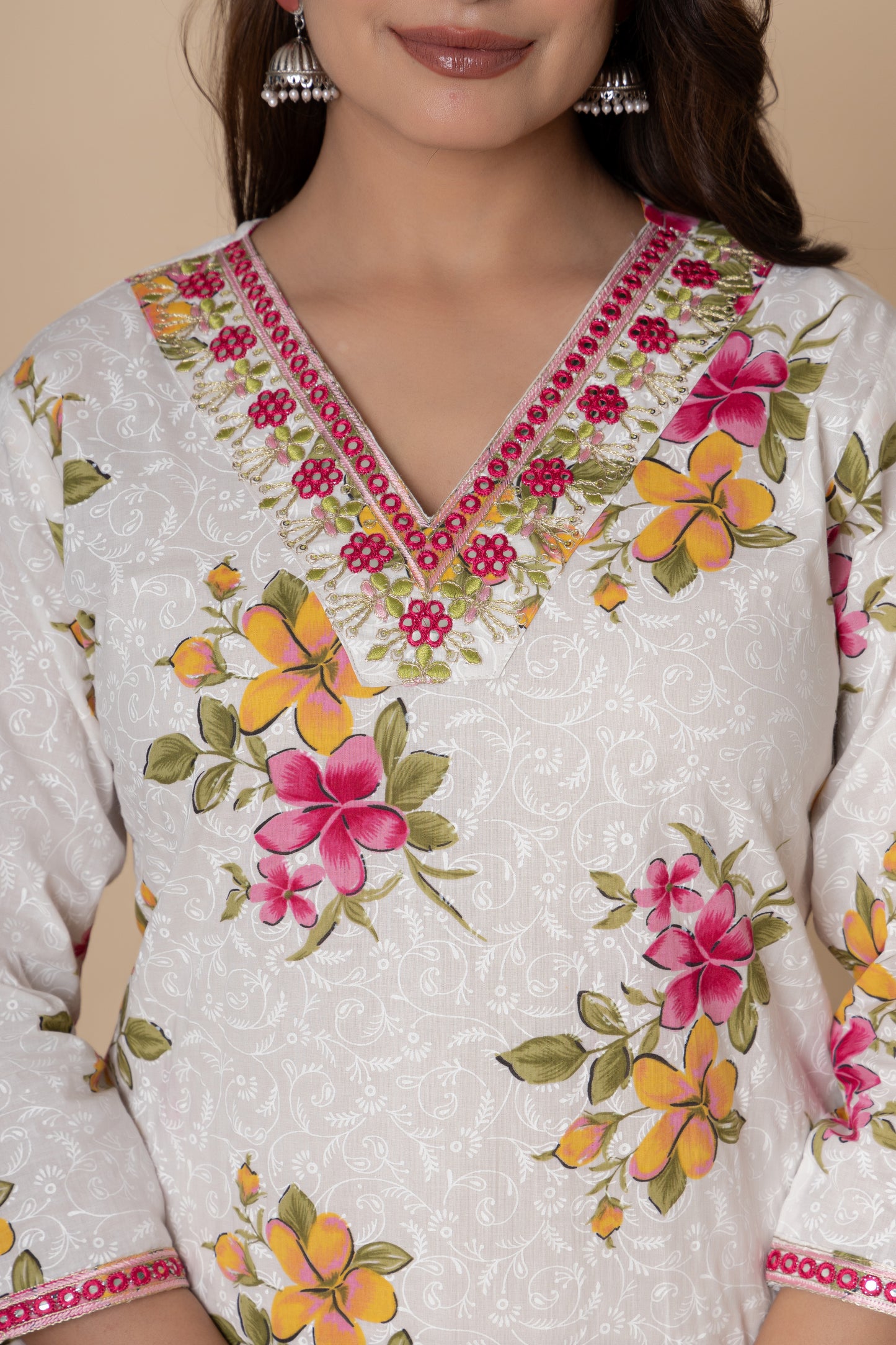 White & Pink floral print cotton kurti suit set