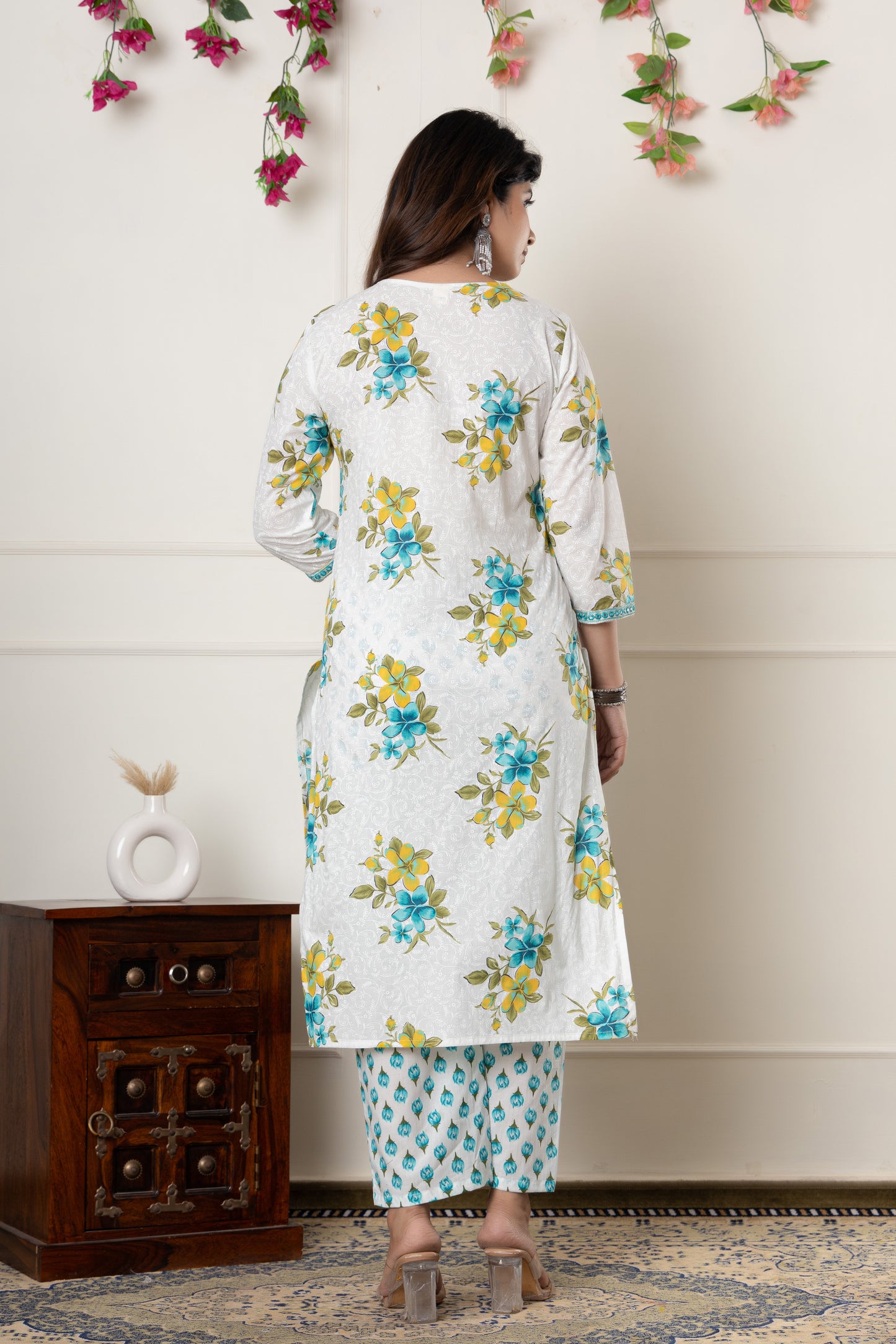 White & Pink floral print cotton kurti suit set