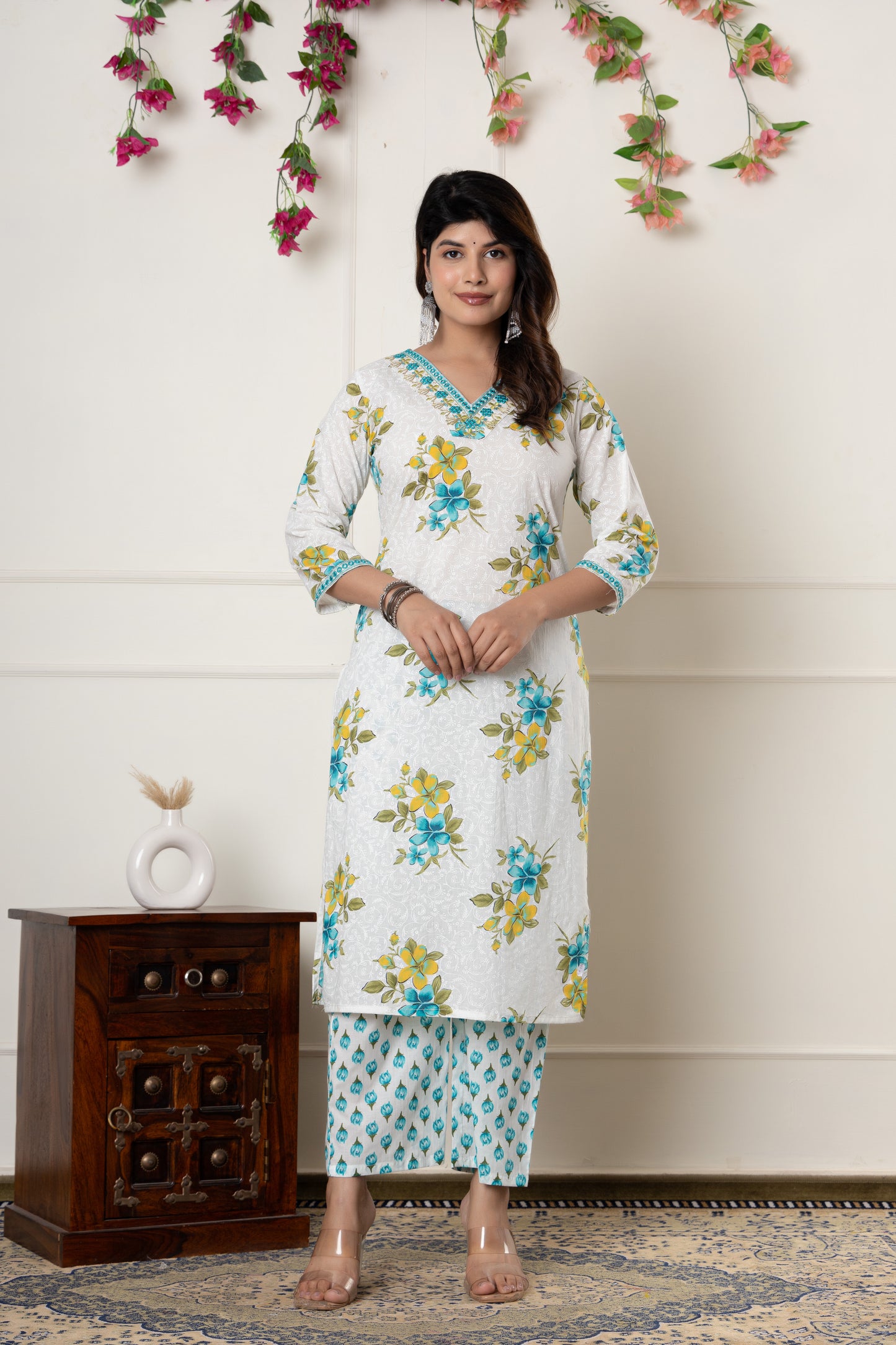 White & Pink floral print cotton kurti suit set