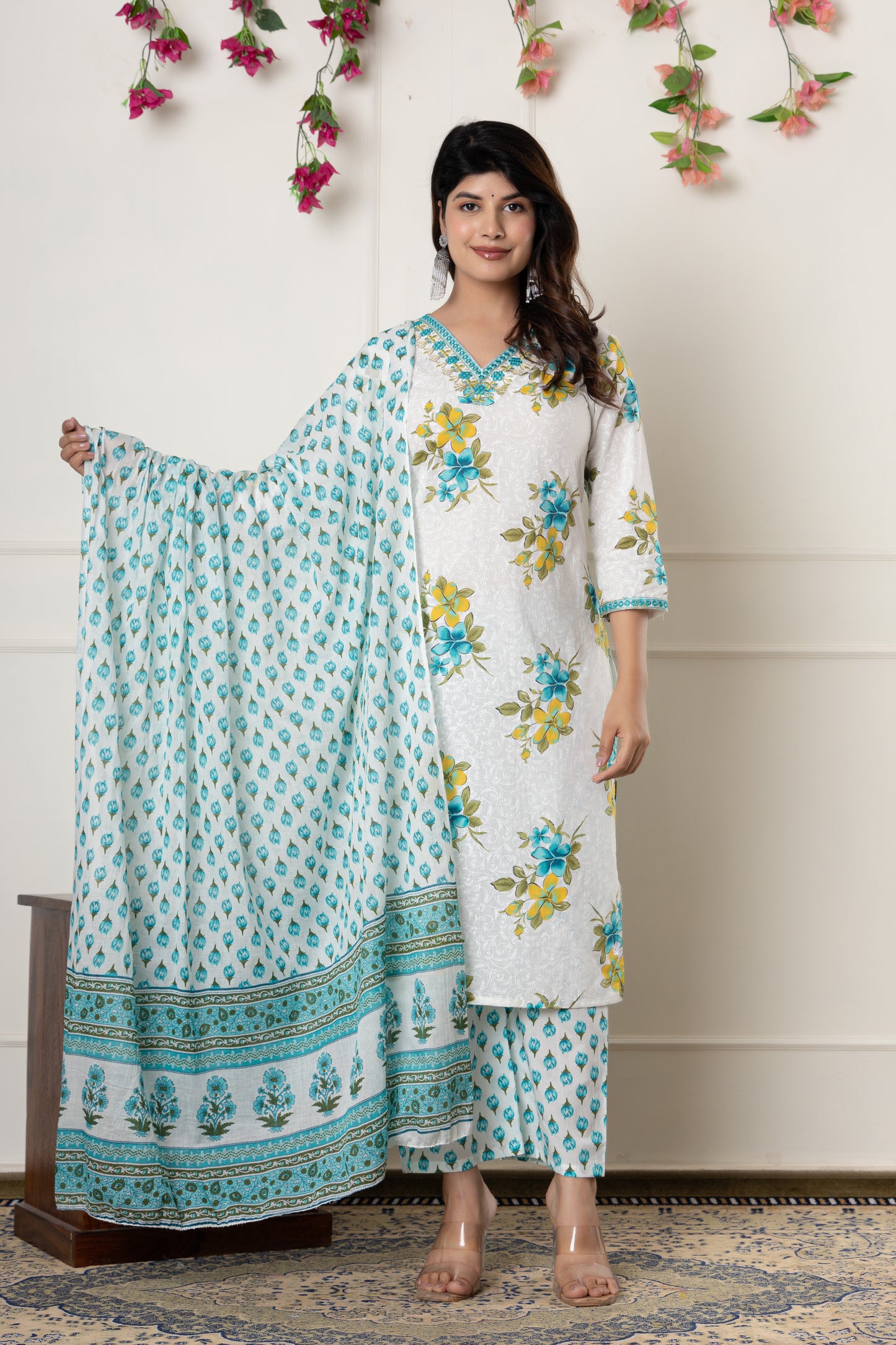 White & Pink floral print cotton kurti suit set