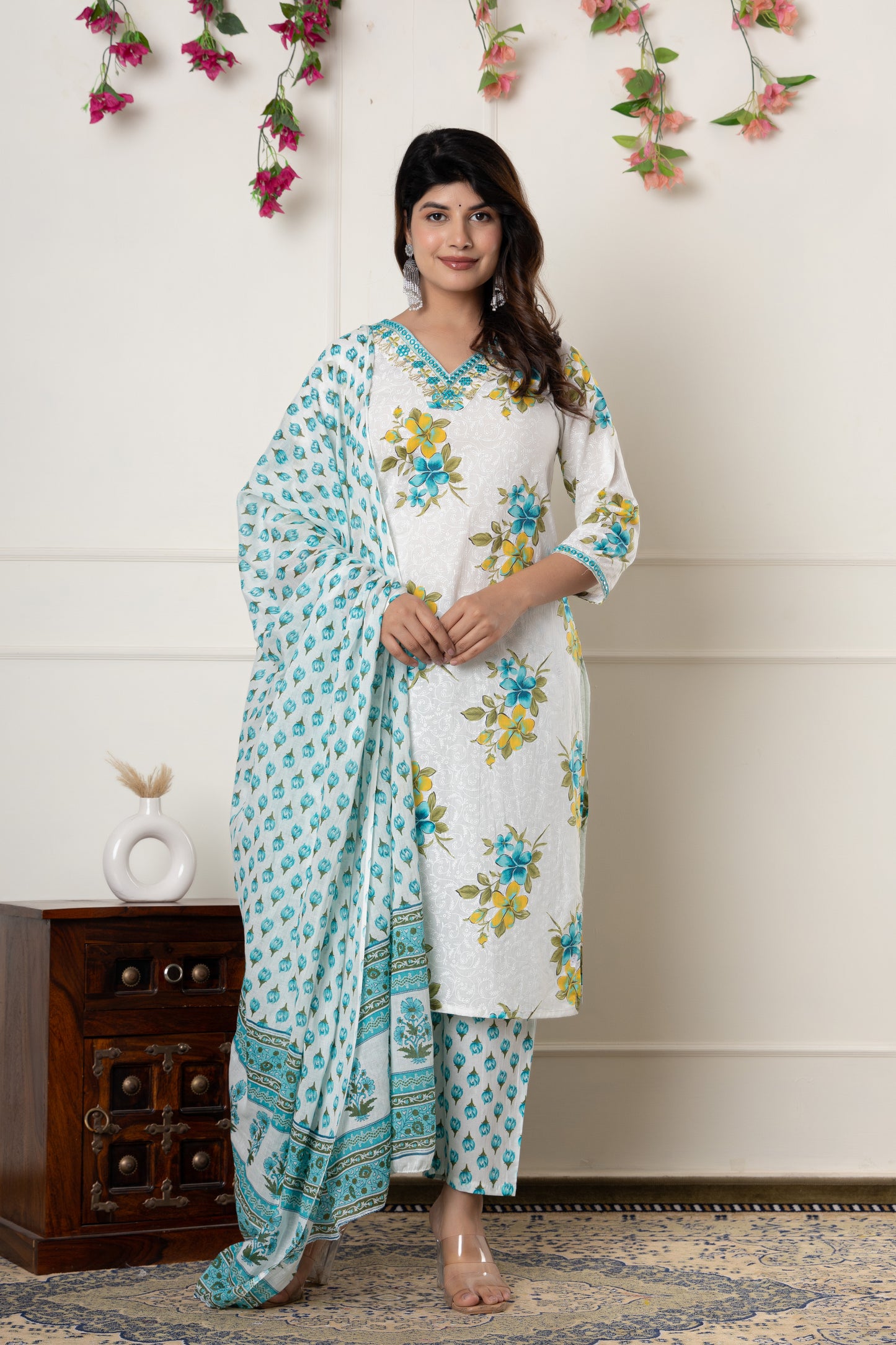 White & Pink floral print cotton kurti suit set