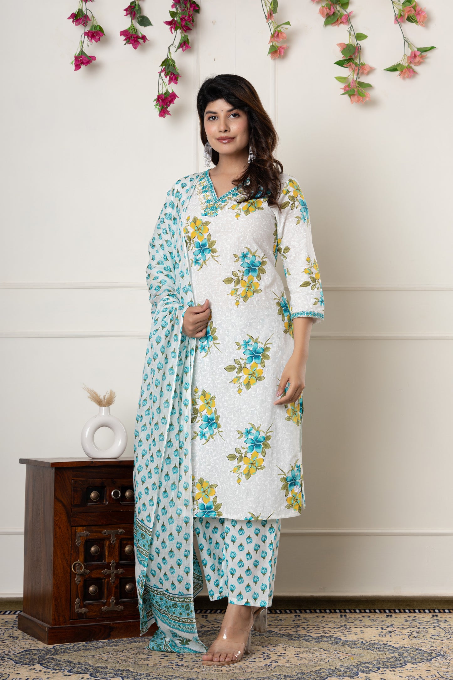 White & Pink floral print cotton kurti suit set