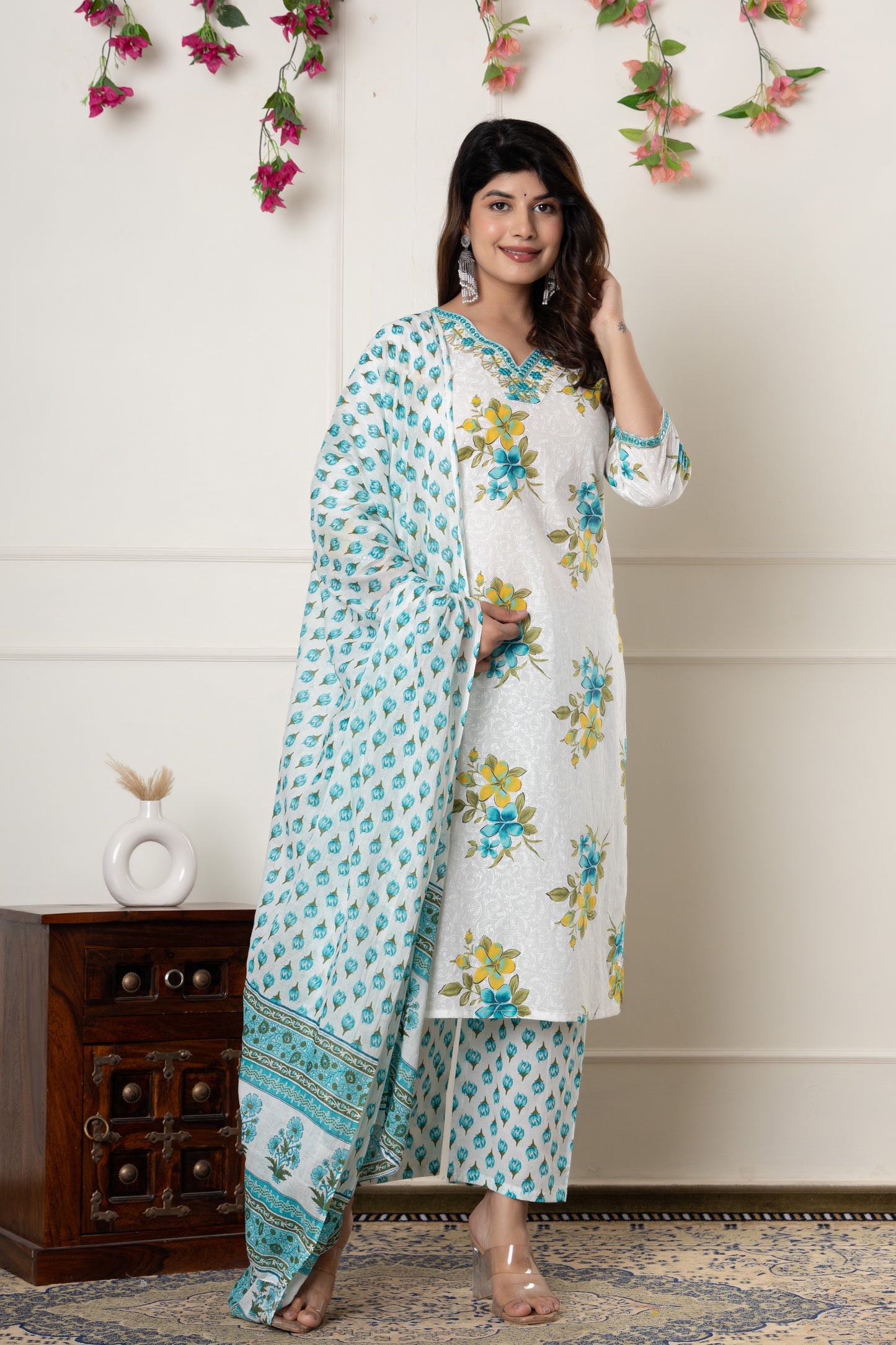 White & Pink floral print cotton kurti suit set