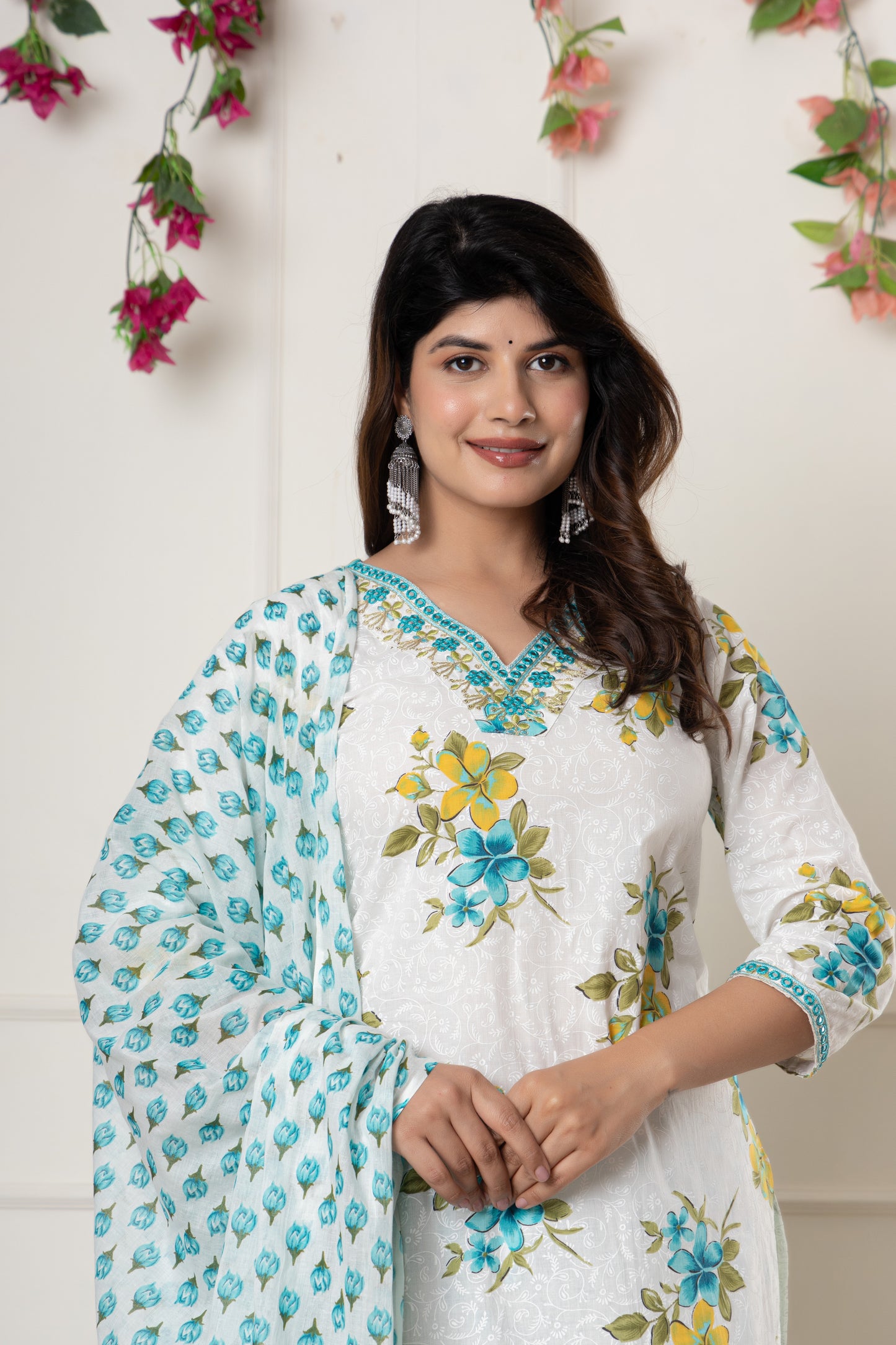 White & Pink floral print cotton kurti suit set