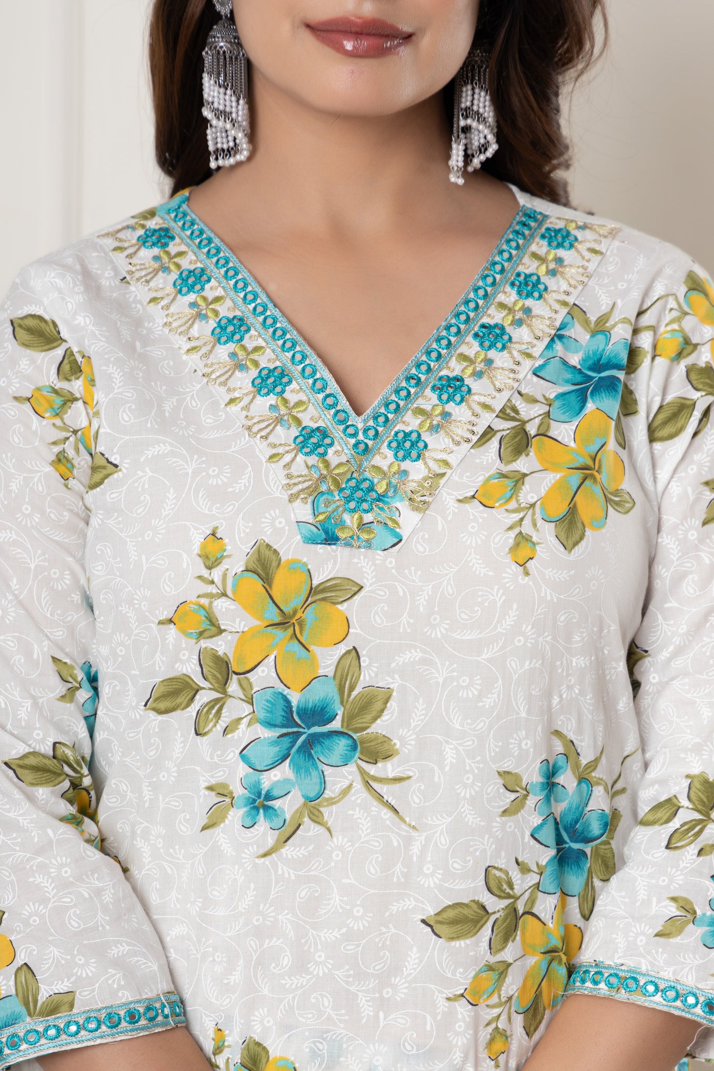 White & Pink floral print cotton kurti suit set