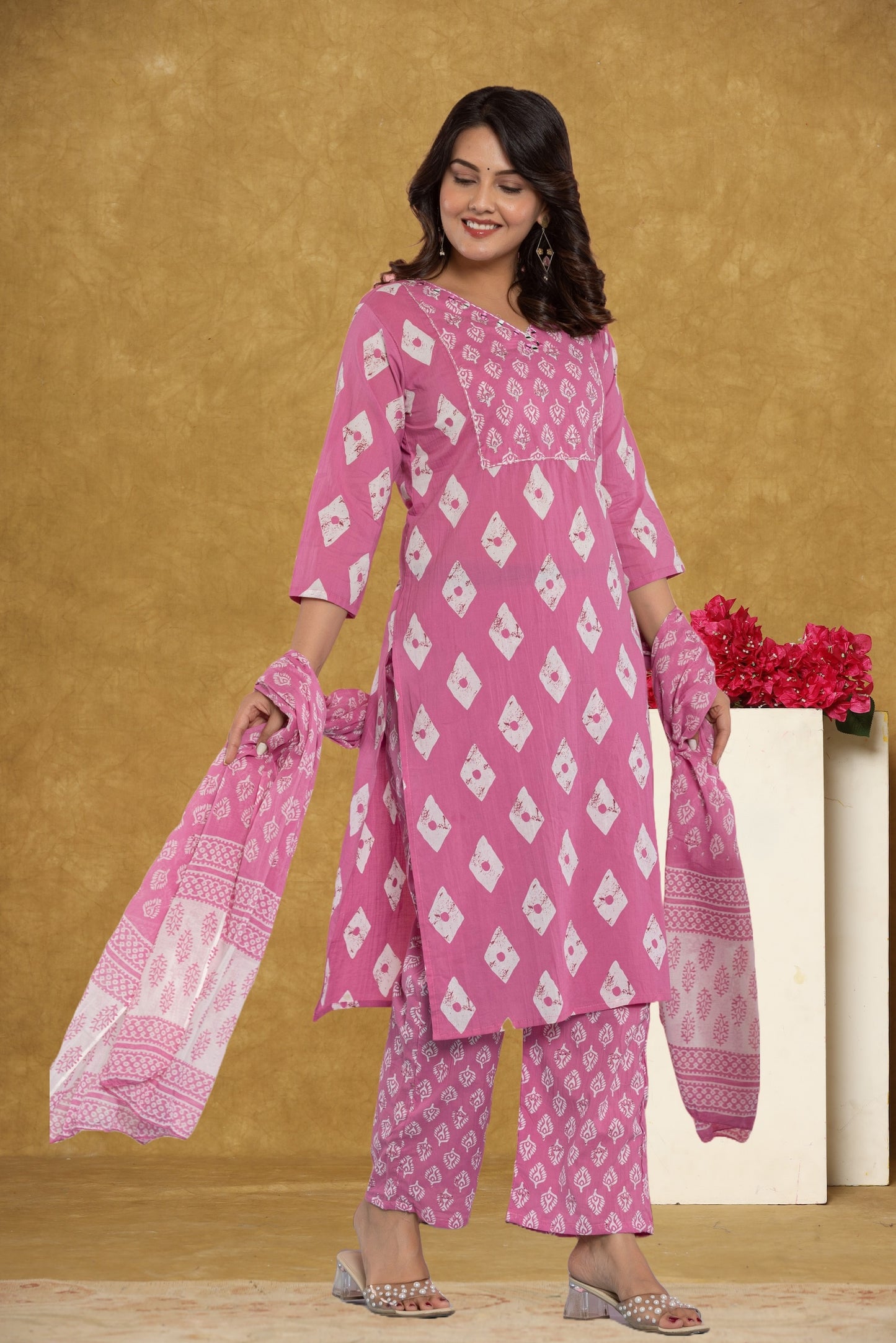 Pink/Mustard Kurti 3Pc Set