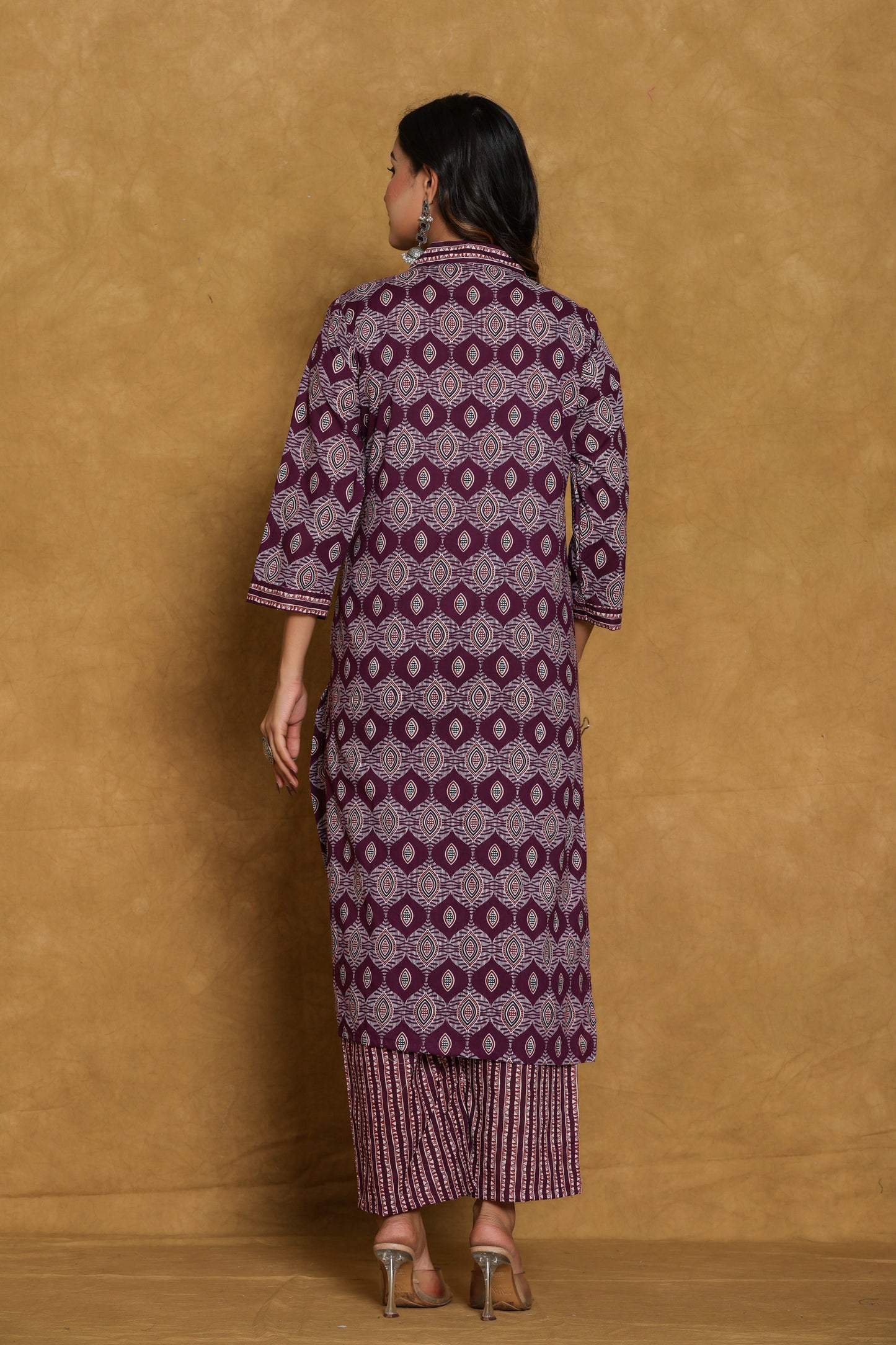 Wine Ajrakh Print with Katha Work Cotton Suit Set