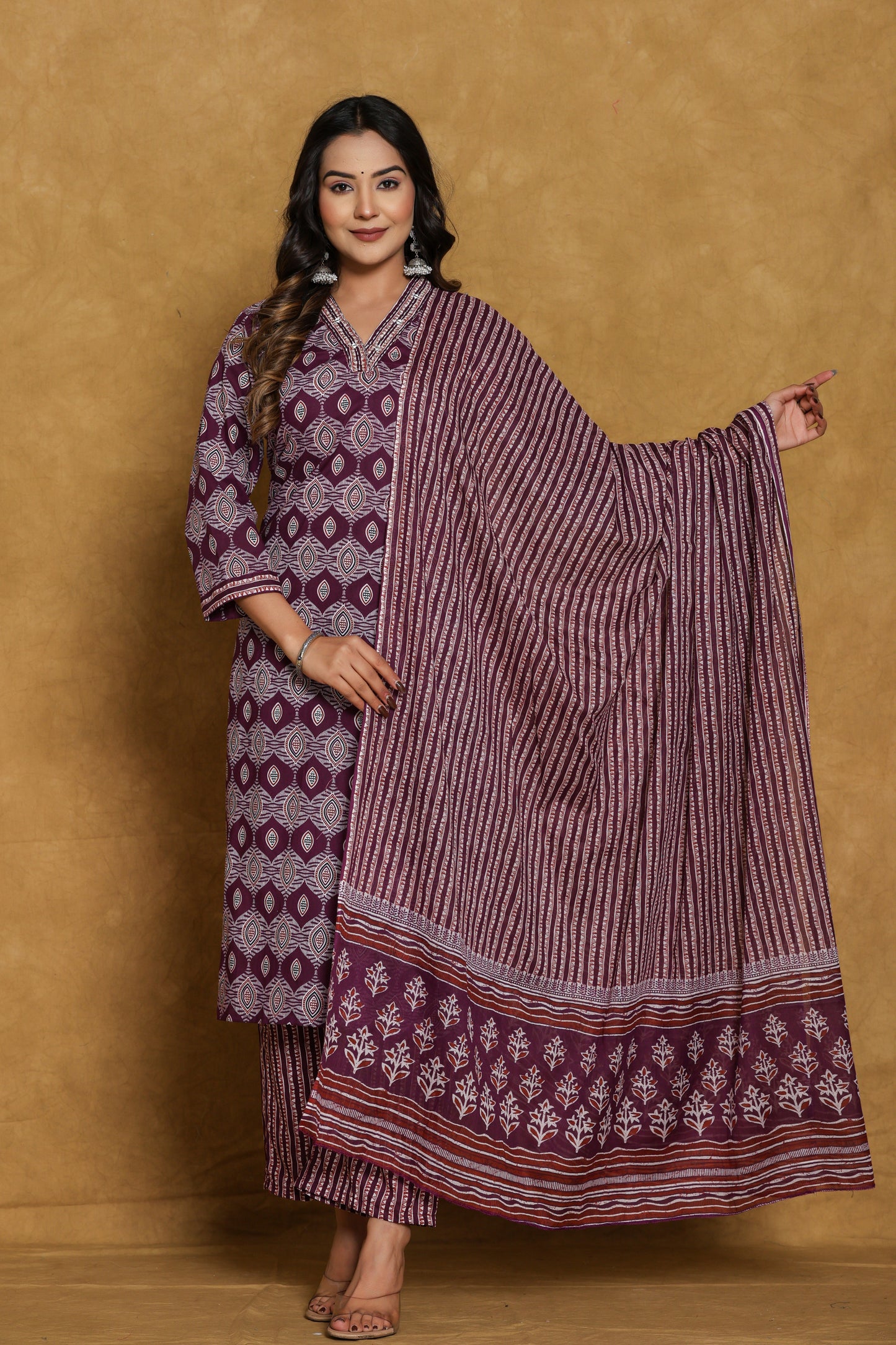 Wine Ajrakh Print with Katha Work Cotton Suit Set