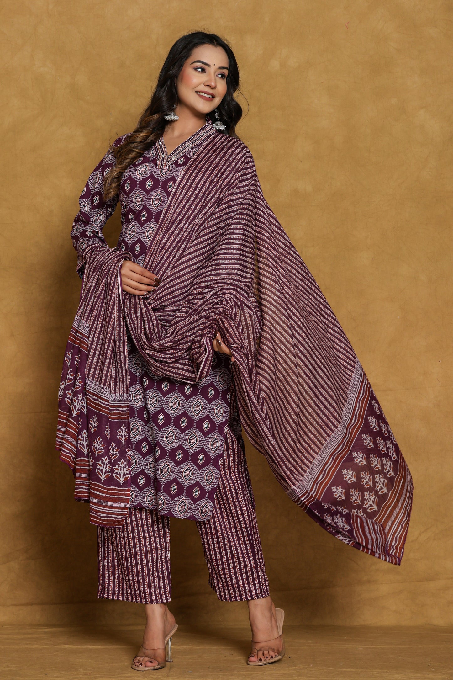 Wine Ajrakh Print with Katha Work Cotton Suit Set
