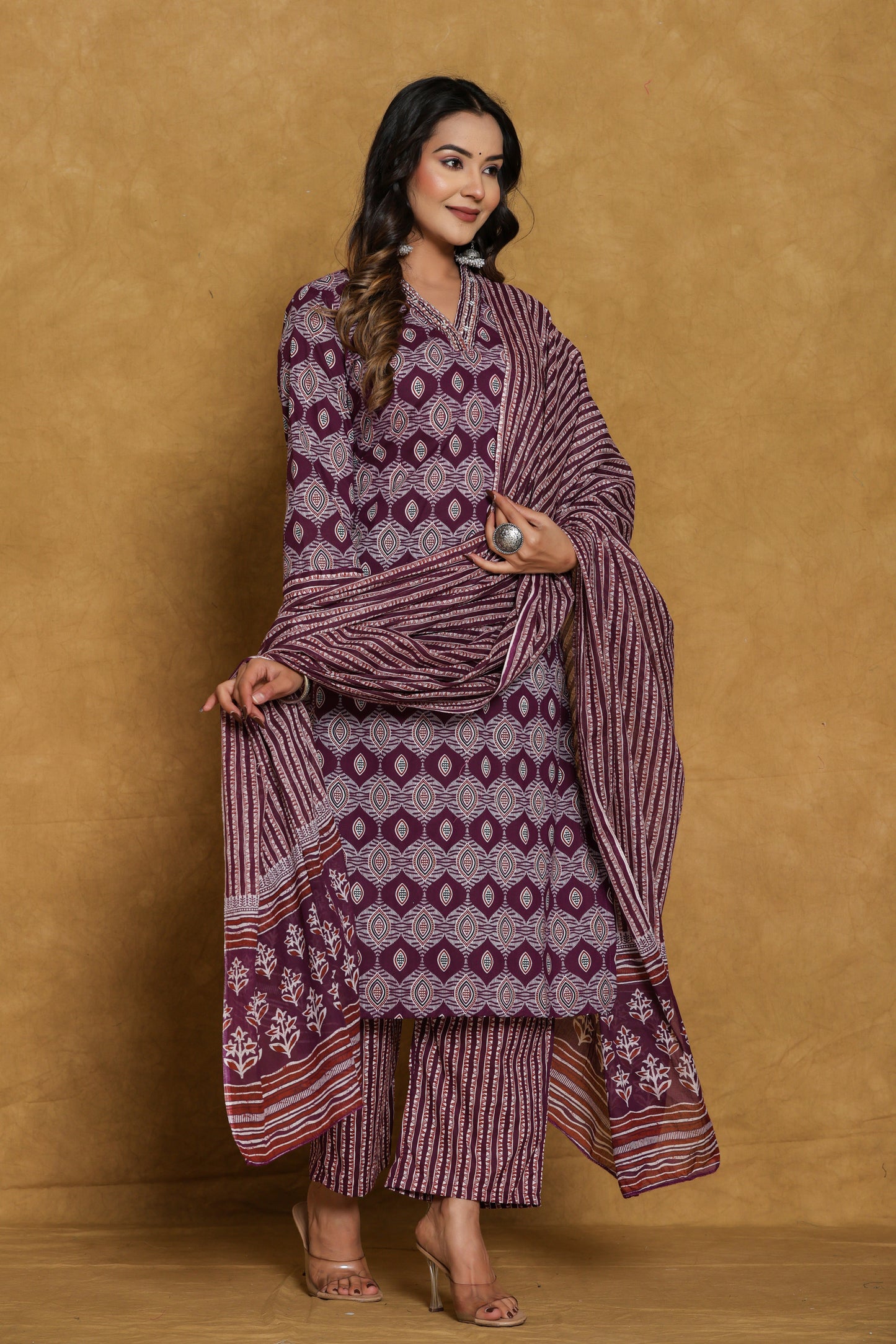 Wine Ajrakh Print with Katha Work Cotton Suit Set