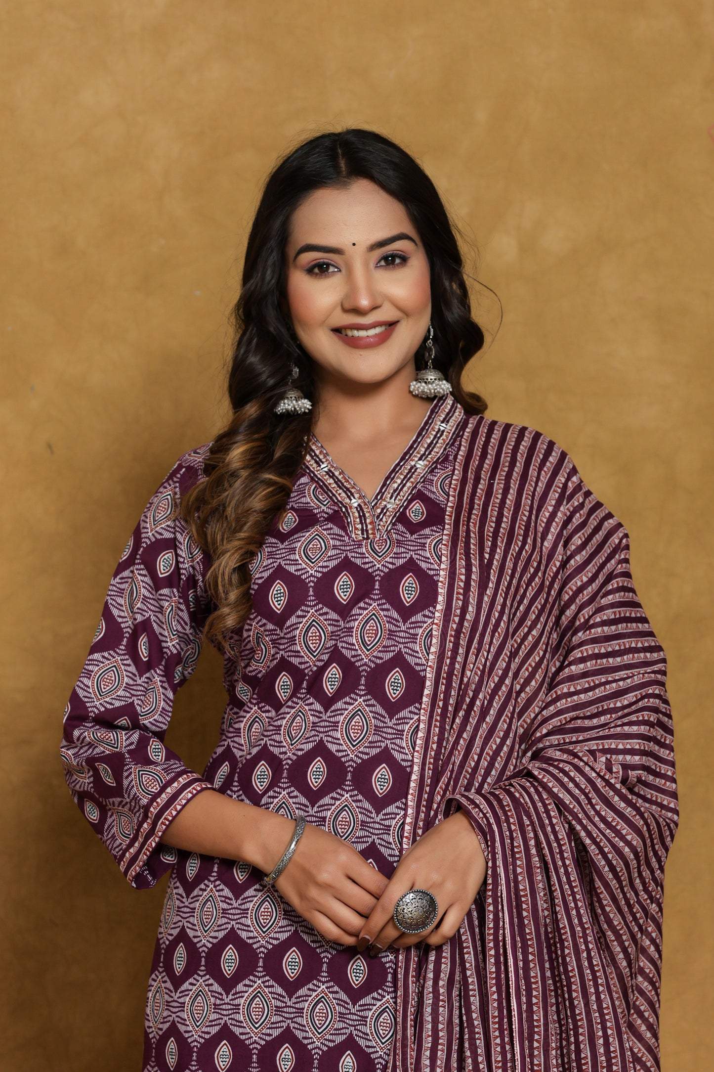 Wine Ajrakh Print with Katha Work Cotton Suit Set