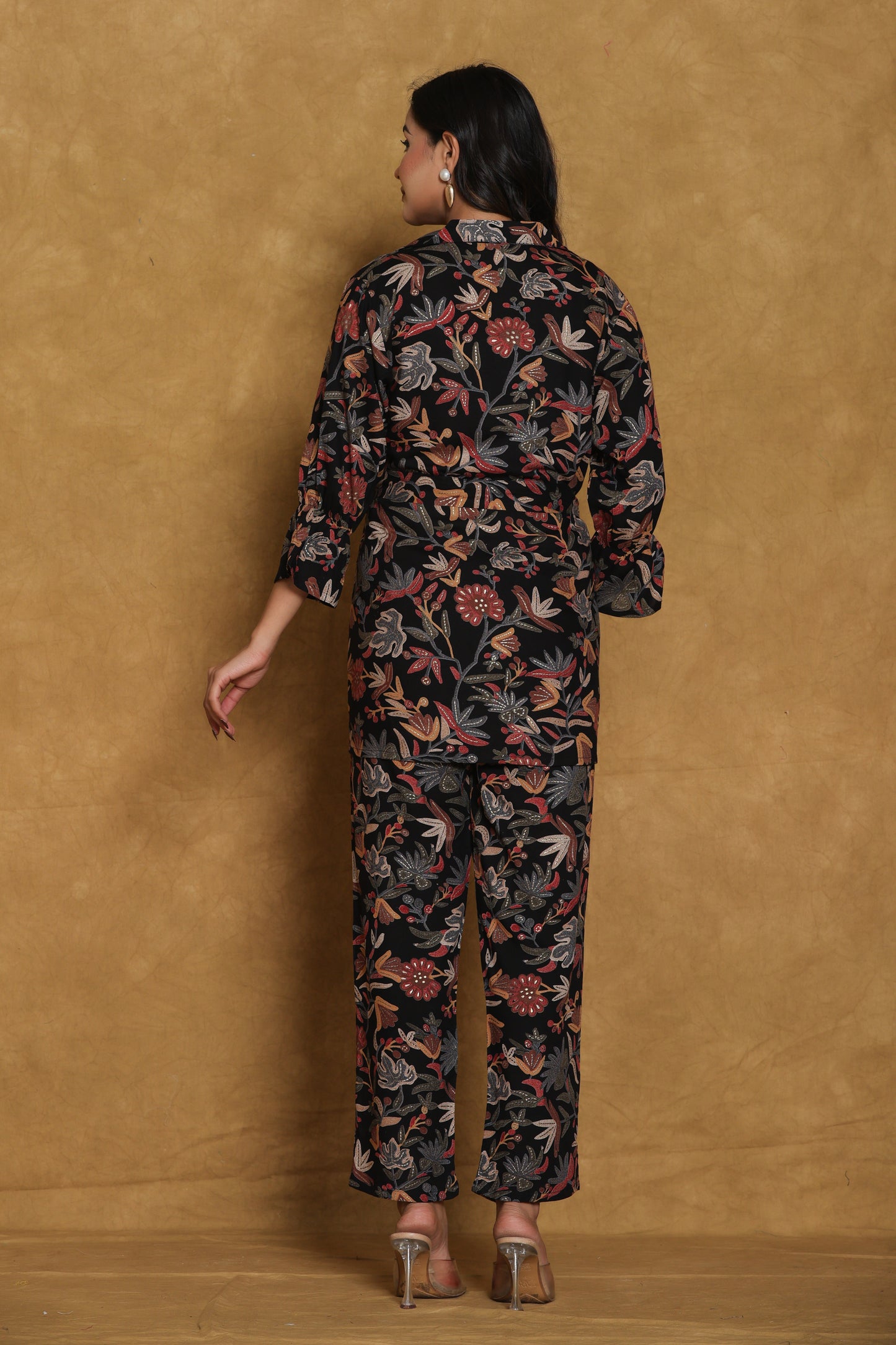 Black Floral Print Co-ord Set with Belt