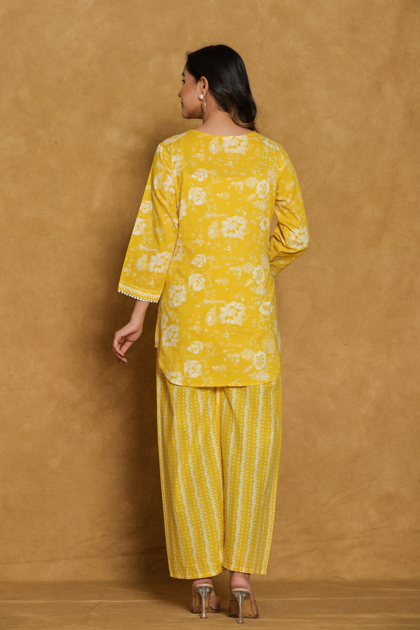 Yellow Floral Cotton Printed Short Kurti with Pant