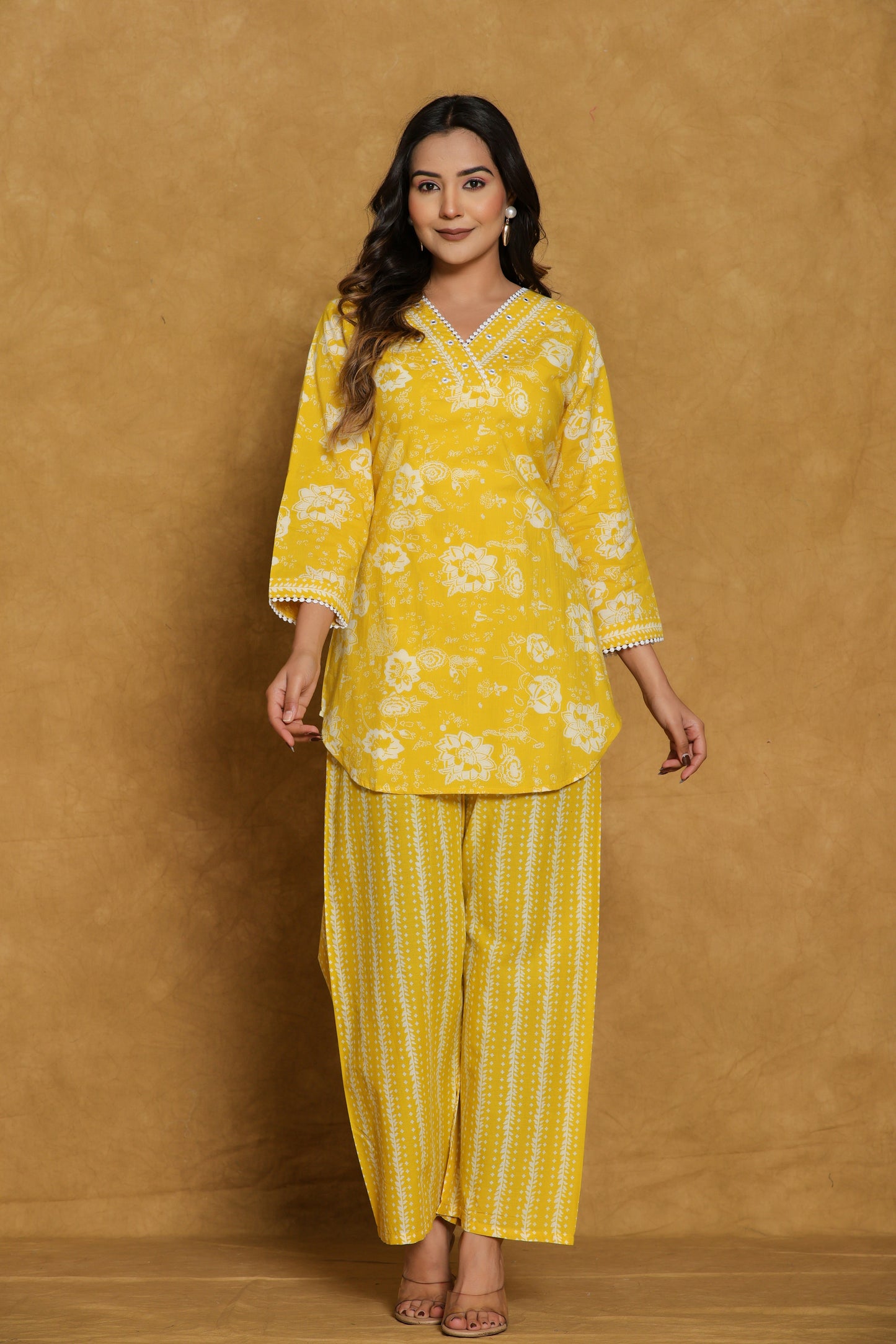 Yellow Floral Cotton Printed Short Kurti with Pant