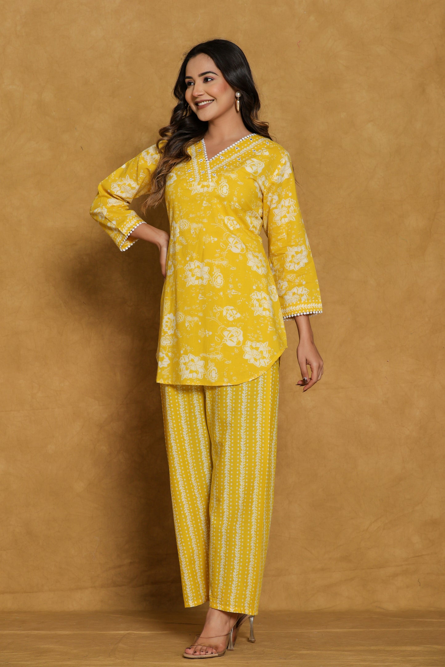 Yellow Floral Cotton Printed Short Kurti with Pant