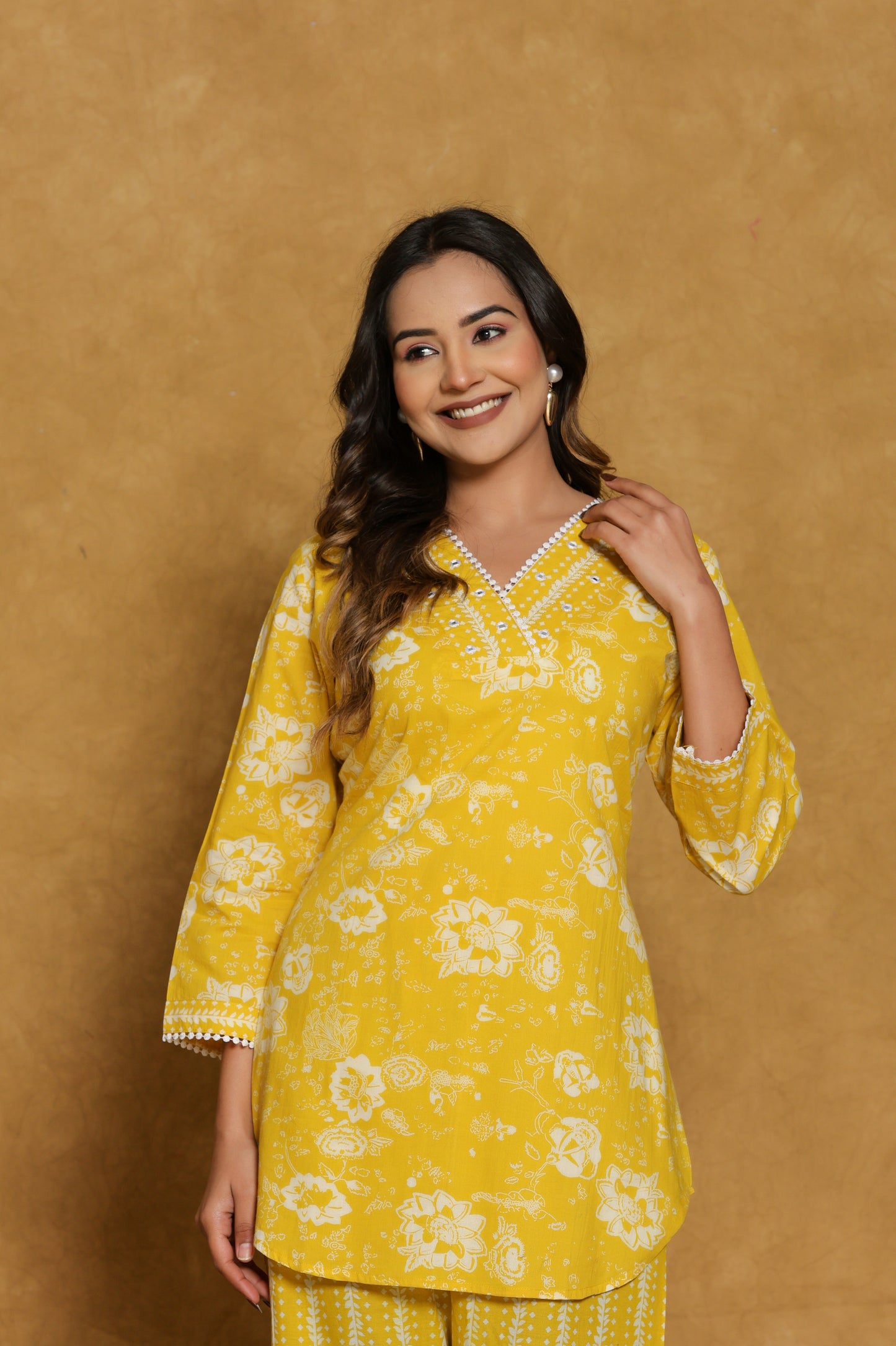 Yellow Floral Cotton Printed Short Kurti with Pant