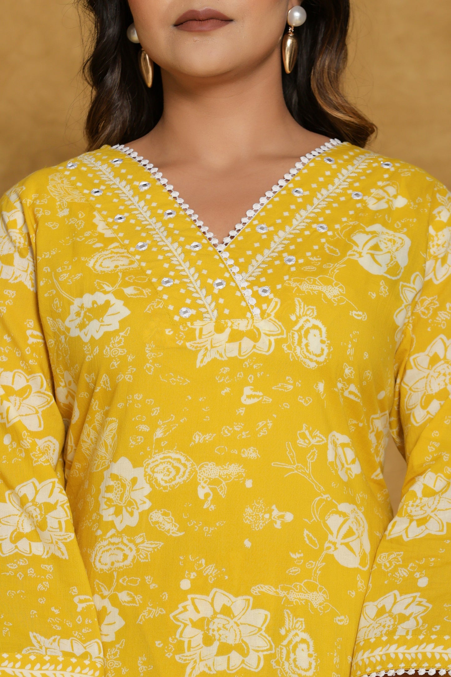 Yellow Floral Cotton Printed Short Kurti with Pant
