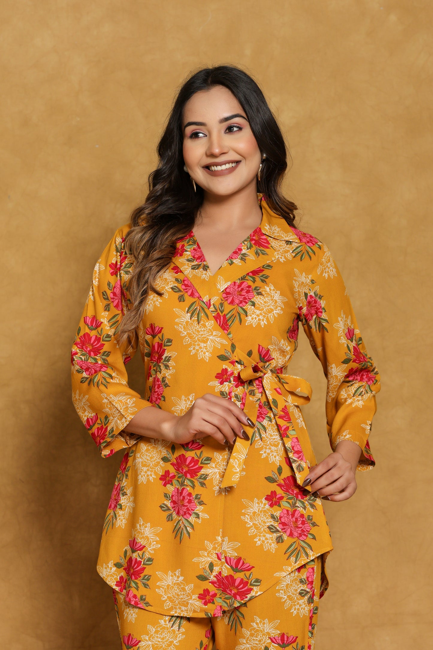 Mustard Floral Cotton Wrap Co-ord Set