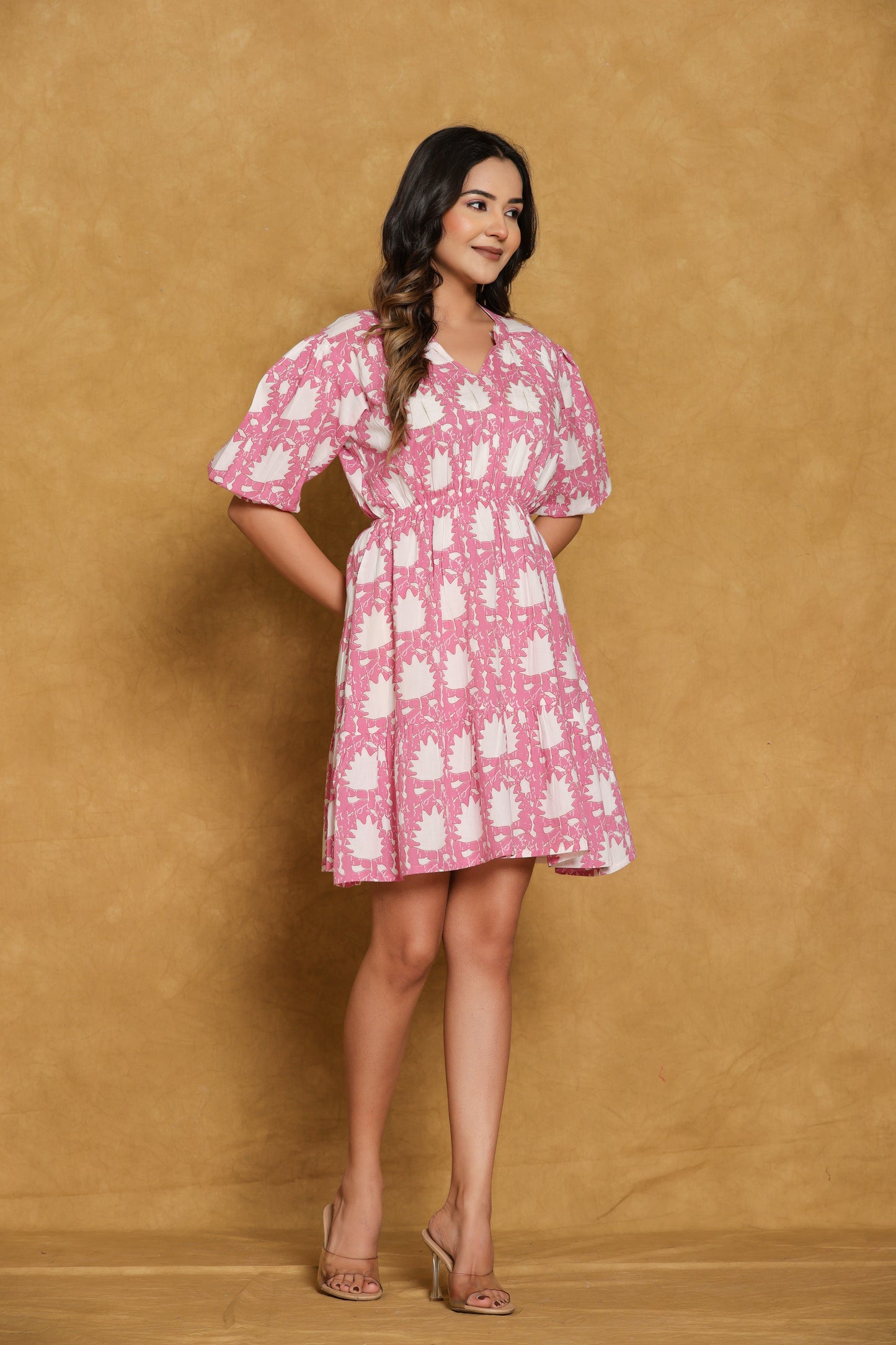 Pink and White Floral Printed Short Dress