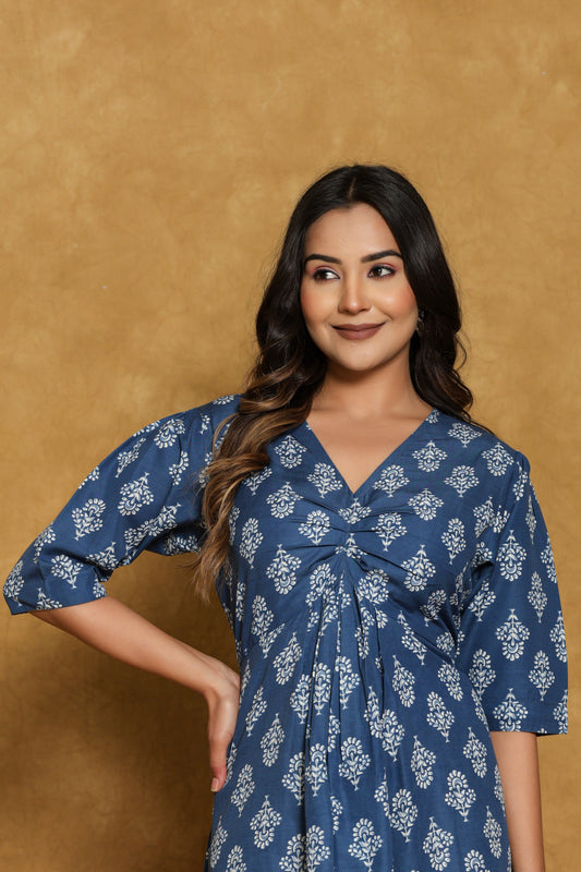 Blue Cotton Block Print Midi Dress