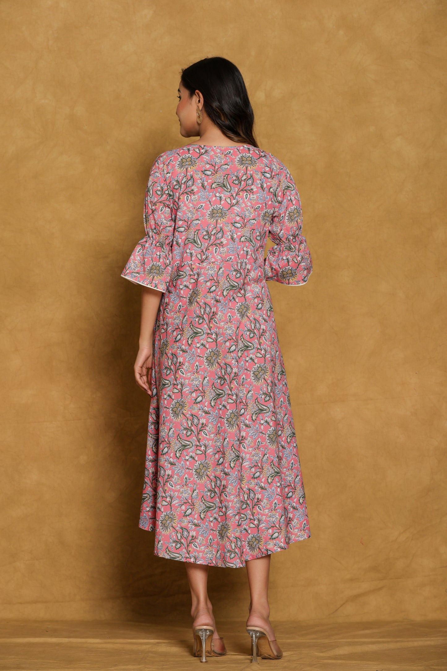Pink Floral Cotton A-Line Dress