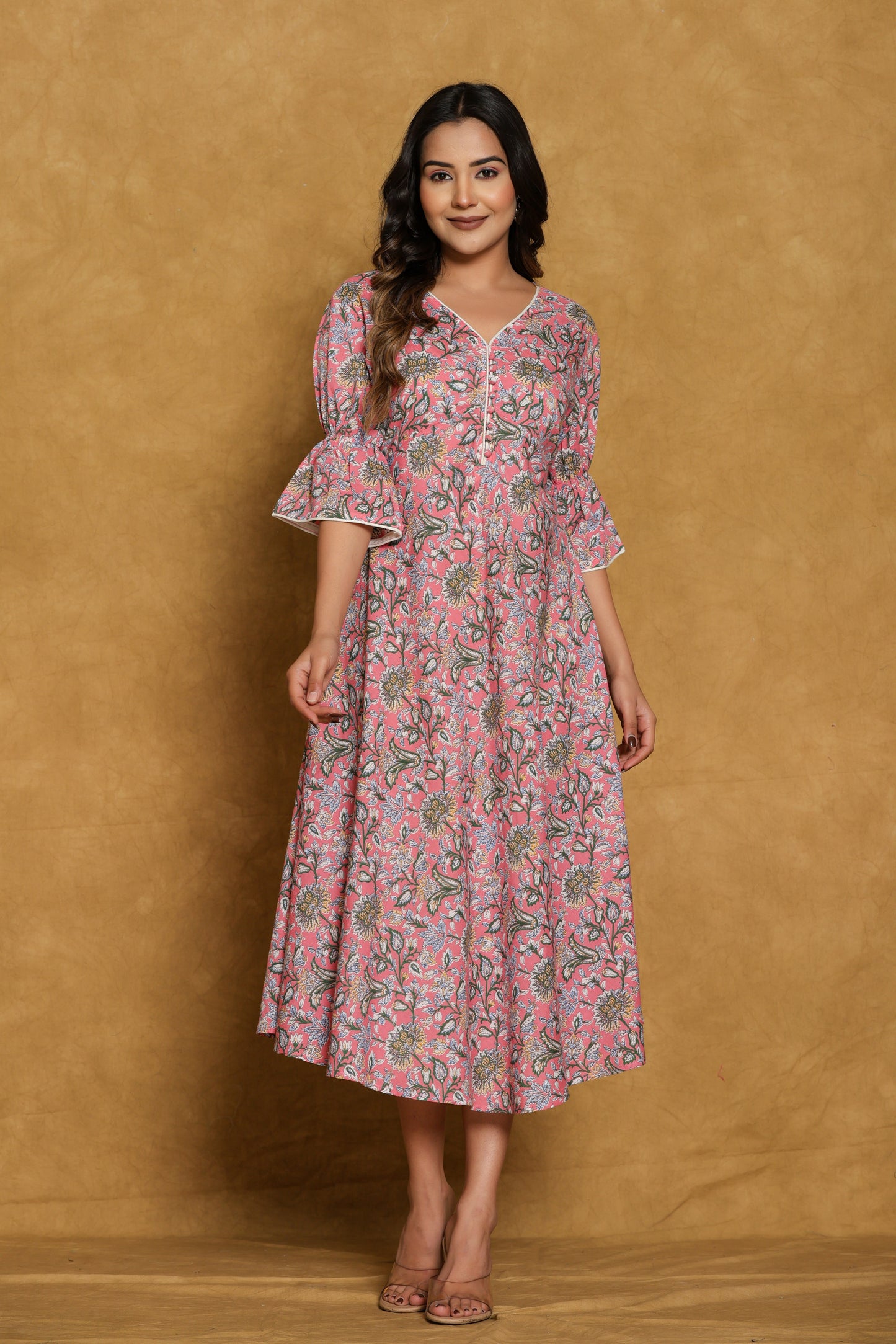 Pink Floral Cotton A-Line Dress