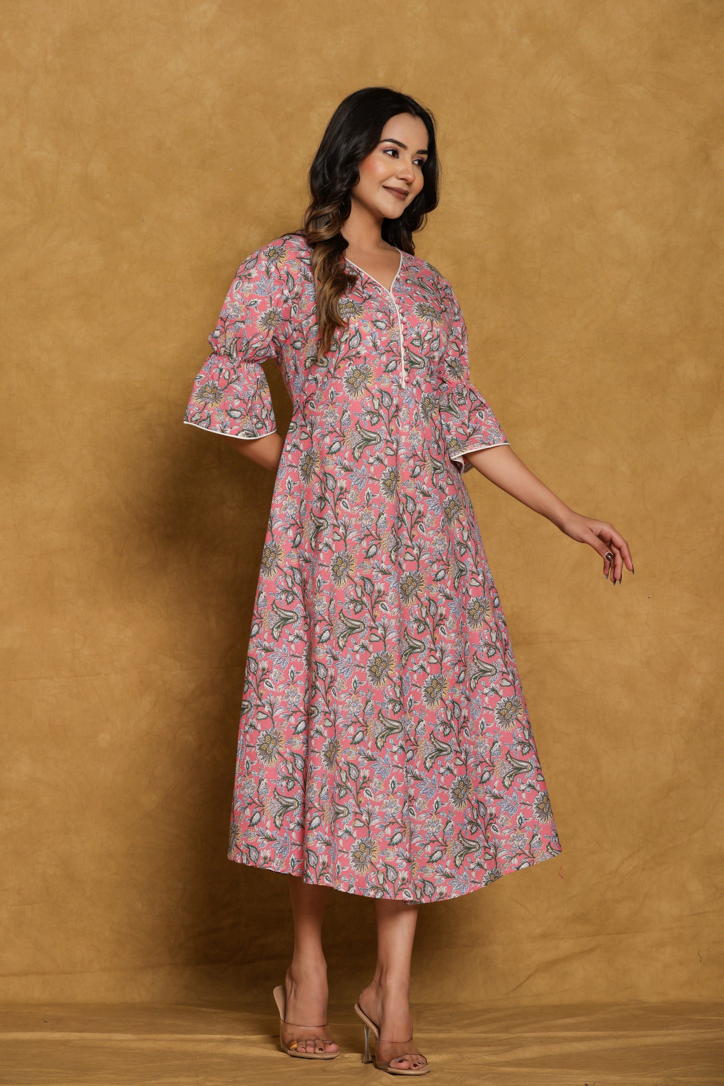 Pink Floral Cotton A-Line Dress