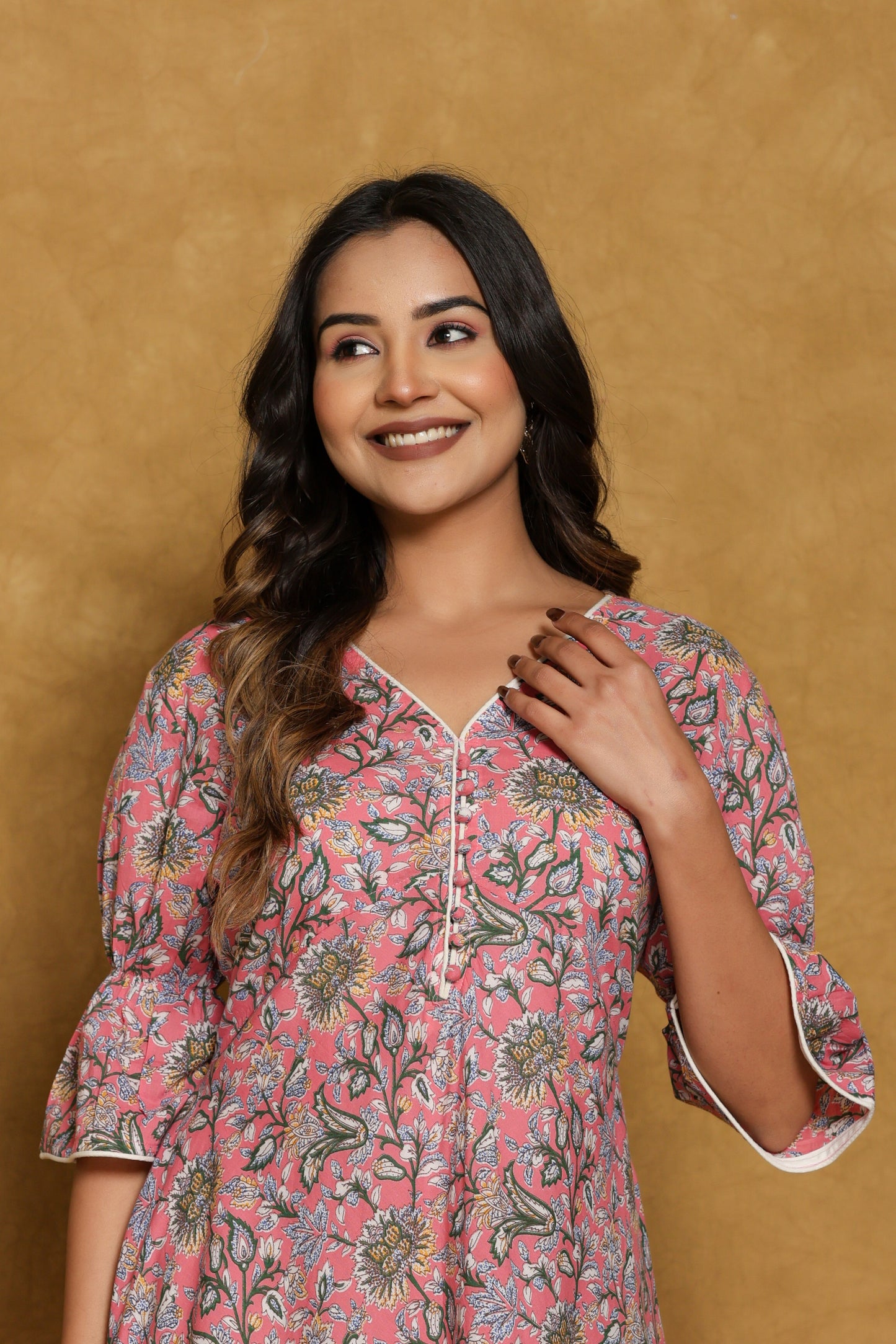 Pink Floral Cotton A-Line Dress