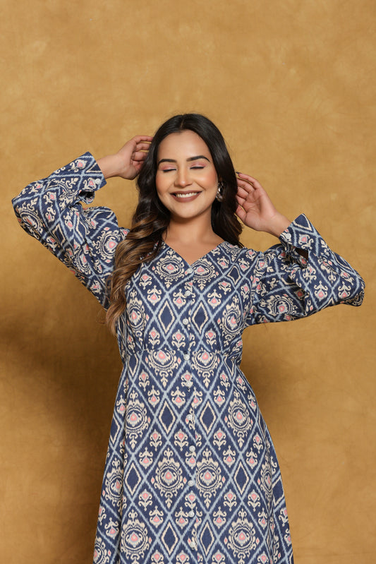 Ikat Blue Cotton One Piece Dress