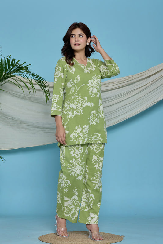 Green Floral Cotton Flax Co-ord set