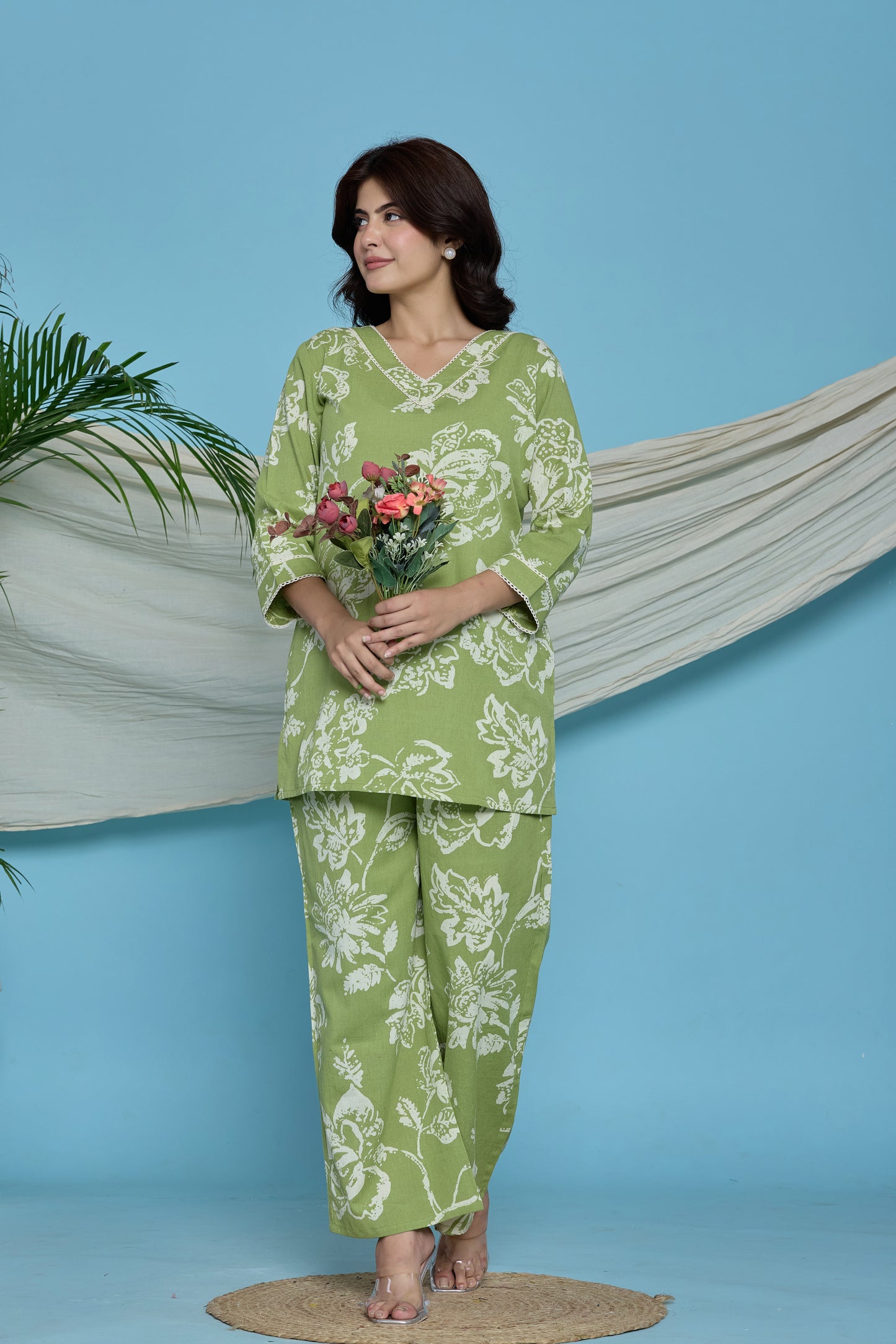 Green Floral Cotton Flax Co-ord set
