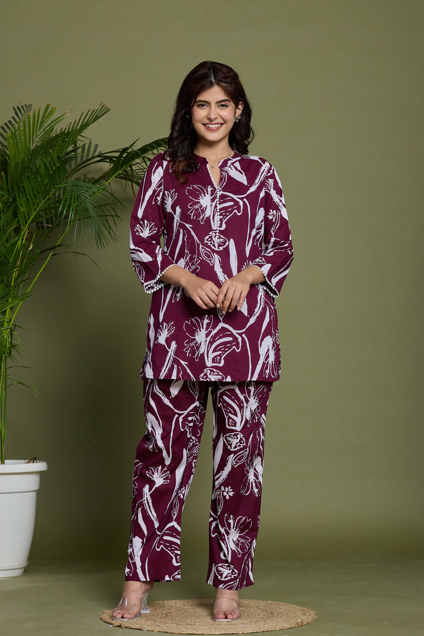 Vibrant Burgundy & White Cotto Co-ord Set