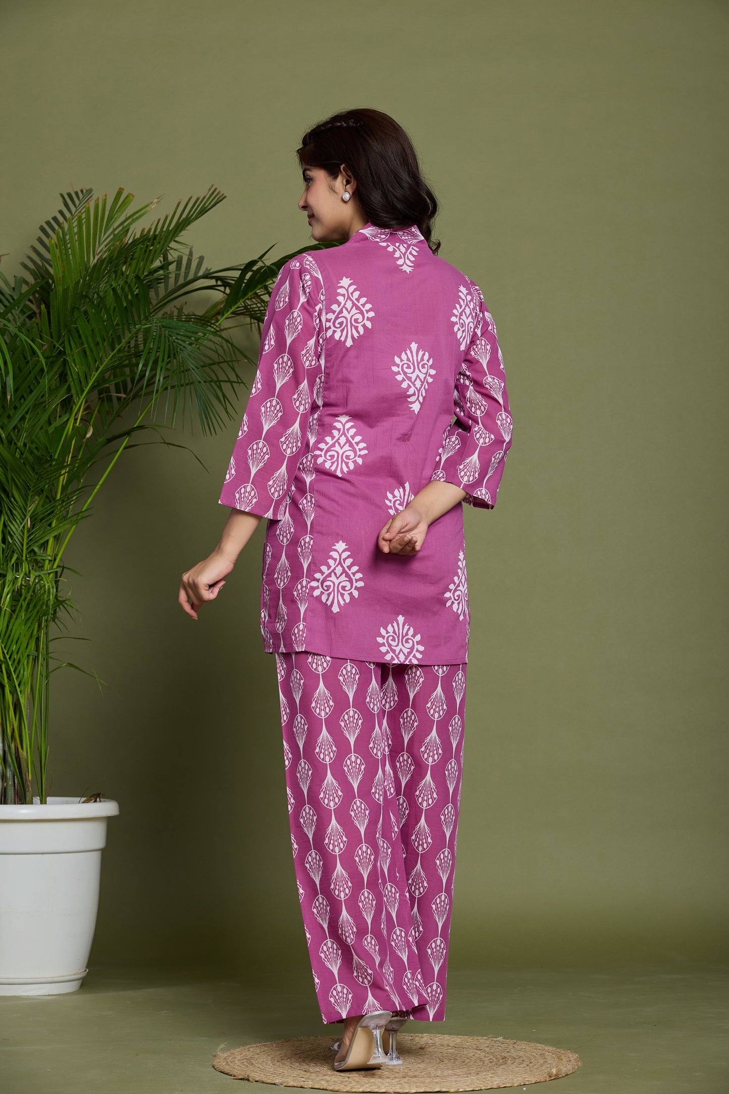 Printed Cotton Co-ord Set with Traditional White Motifs