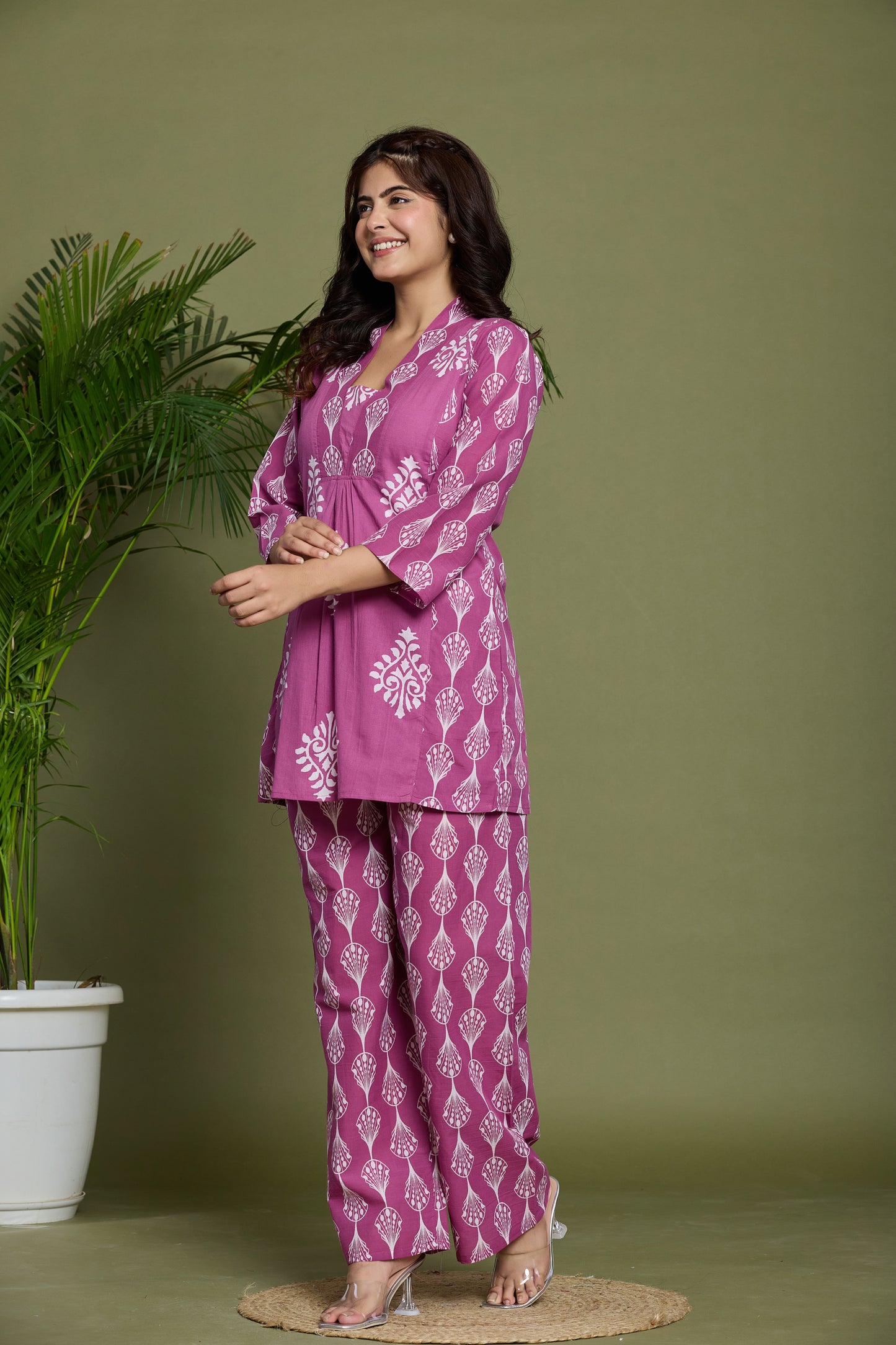 Printed Cotton Co-ord Set with Traditional White Motifs