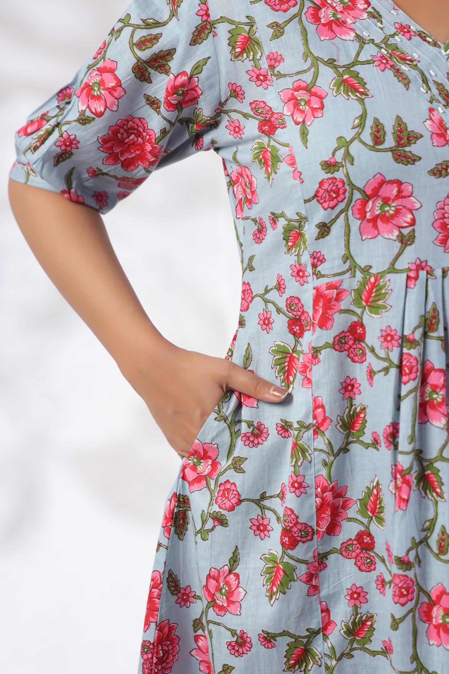 GulBloom Azure Blossom Printed Cotton Midi Dress