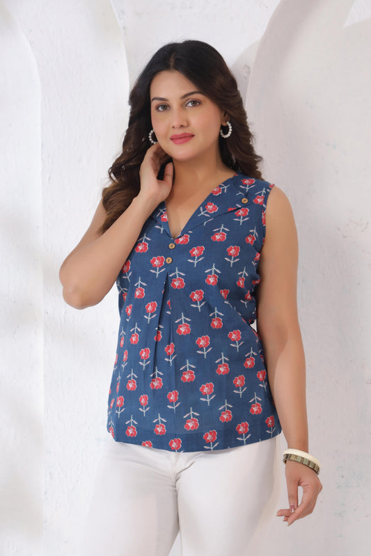 GulBloom GulBloom Indigo Petal Printed Cotton Sleeveless Top in indigo blue with botanical petal print – front view