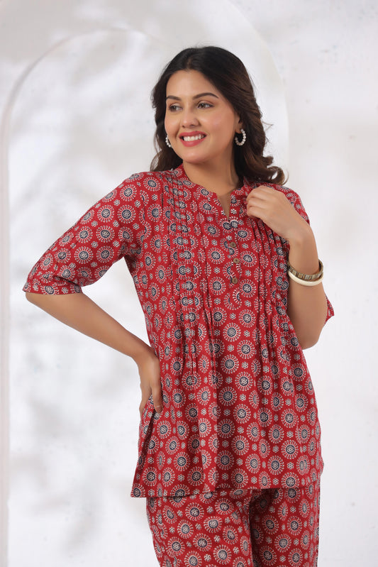 Noor Aura Crimson Medallion Printed Cotton Co-ord Set
