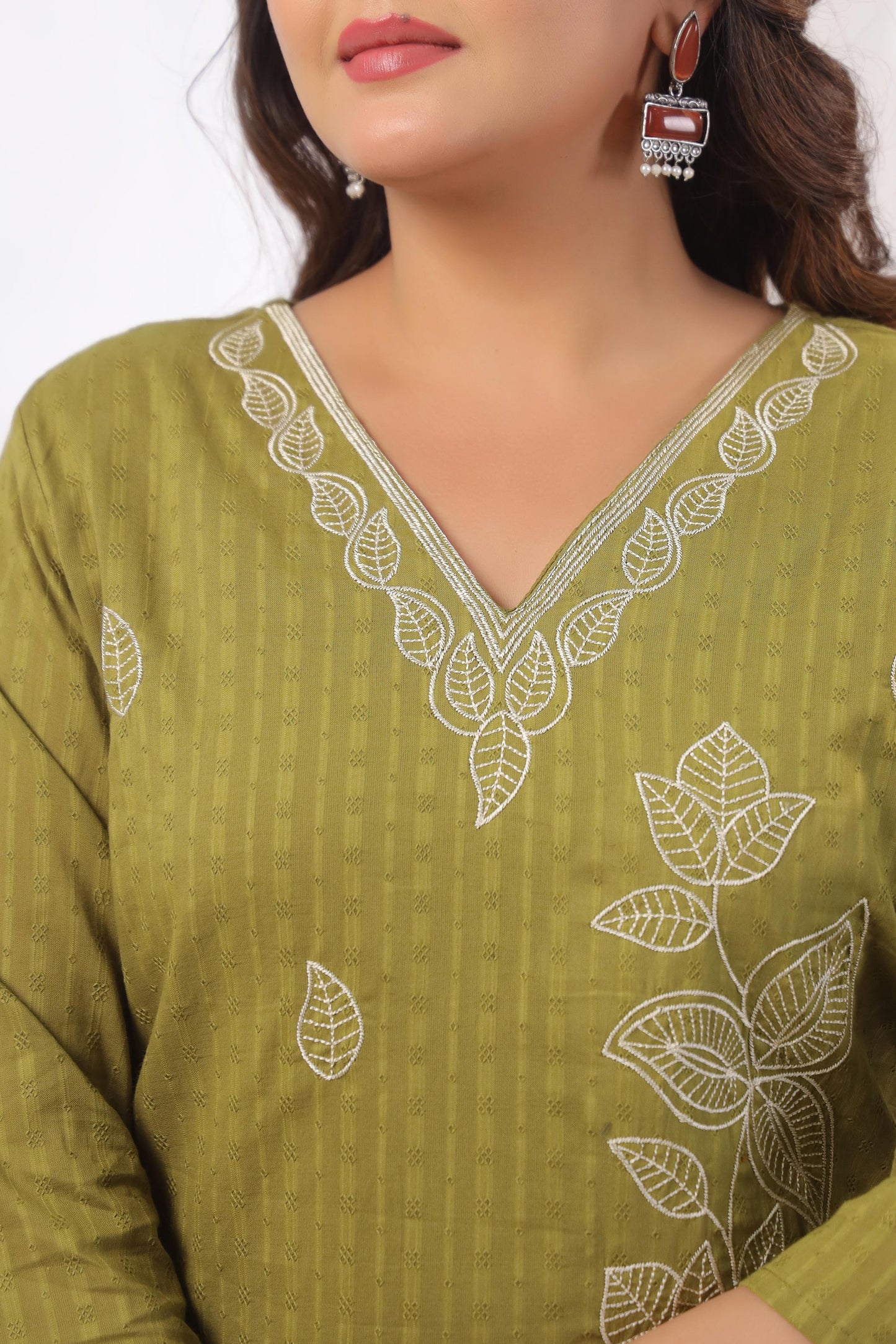 Rang Ease Olive Leaf Embroidered Cotton Kurta Set