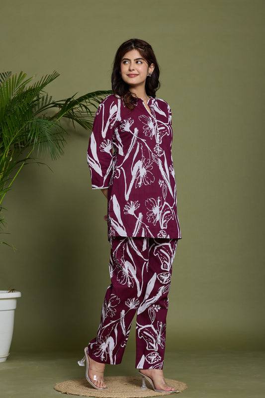 Vibrant Burgundy & White Cotto Co-ord Set