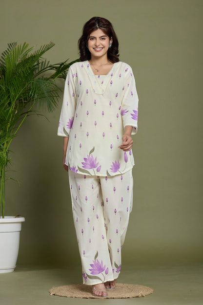GulBloom Lavender Bloom Printed Cotton Co-Ord Set