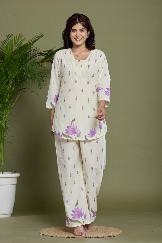 GulBloom Lavender Bloom Printed Cotton Co-Ord Set