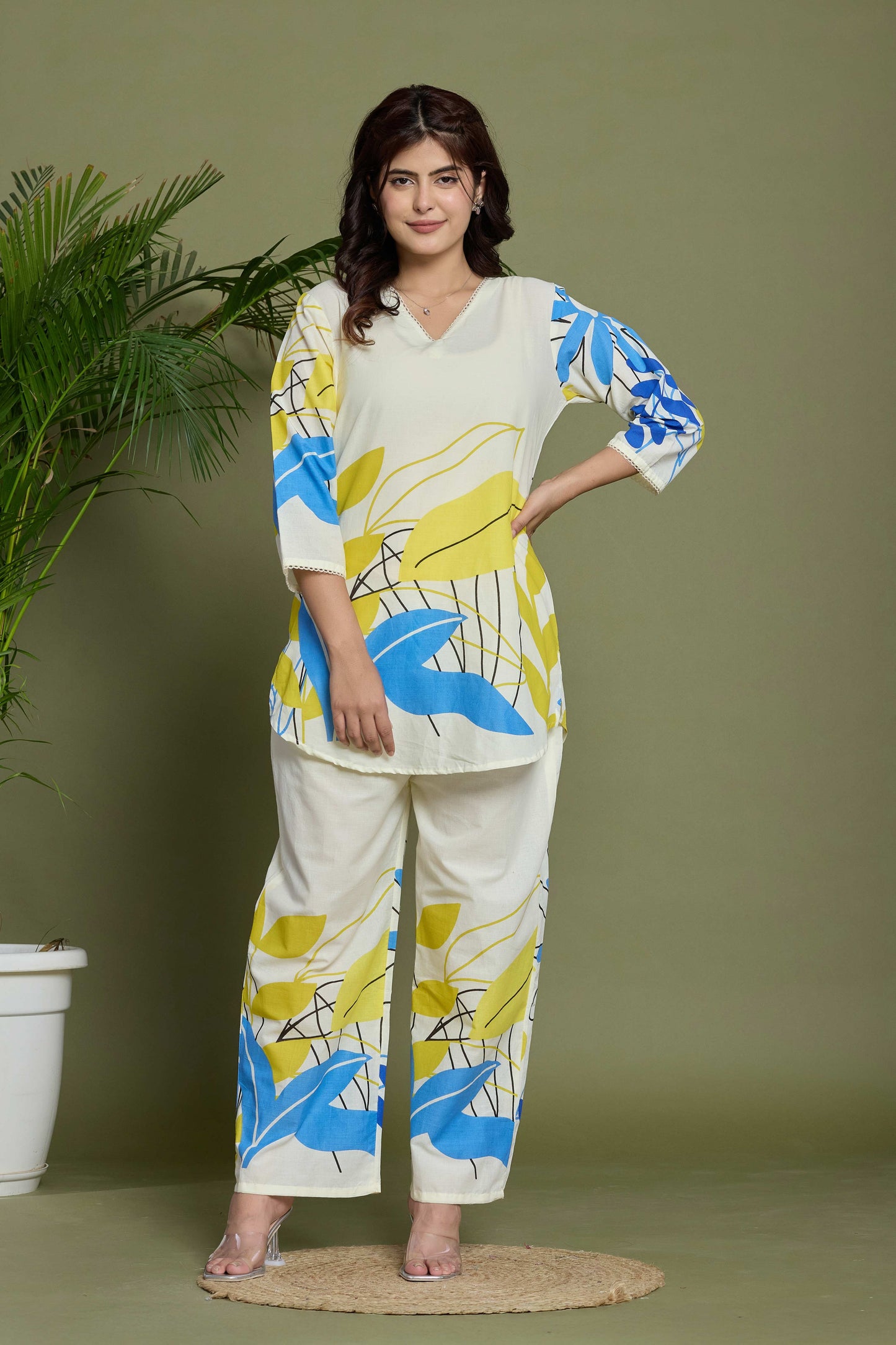 Noor Aura Abstract Leafline Printed Cotton Co-Ord Set