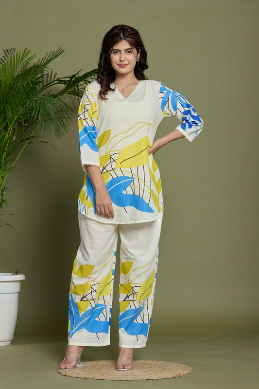 Noor Aura Abstract Leafline Printed Cotton Co-Ord Set