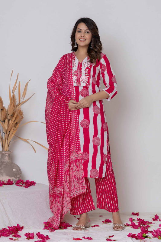 Noor Aura Bandhani Stripe Printed Cotton Kurta Set