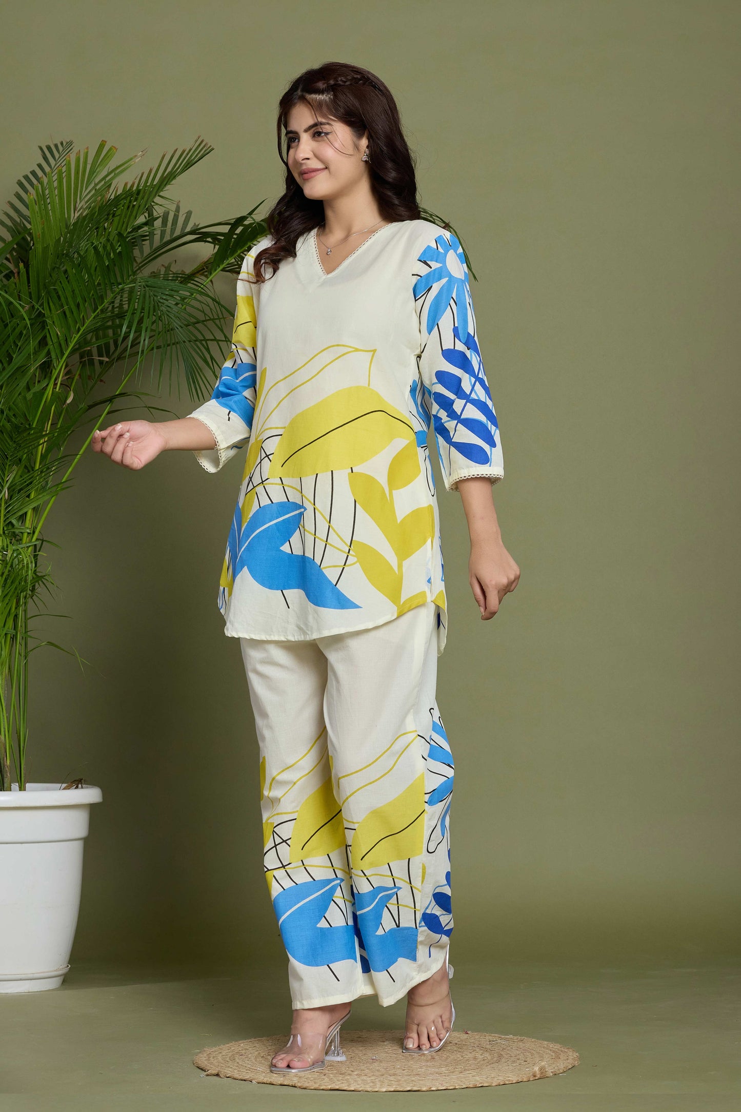 Noor Aura Abstract Leafline Printed Cotton Co-Ord Set