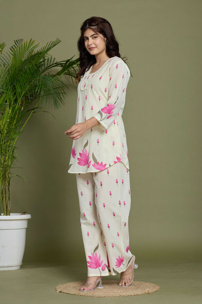 GulBloom Lotus Whisper Printed Cotton Co-Ord Set