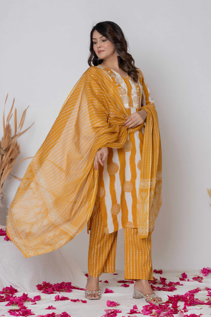 Noor Aura Bandhani Stripe Printed Cotton Kurta Set